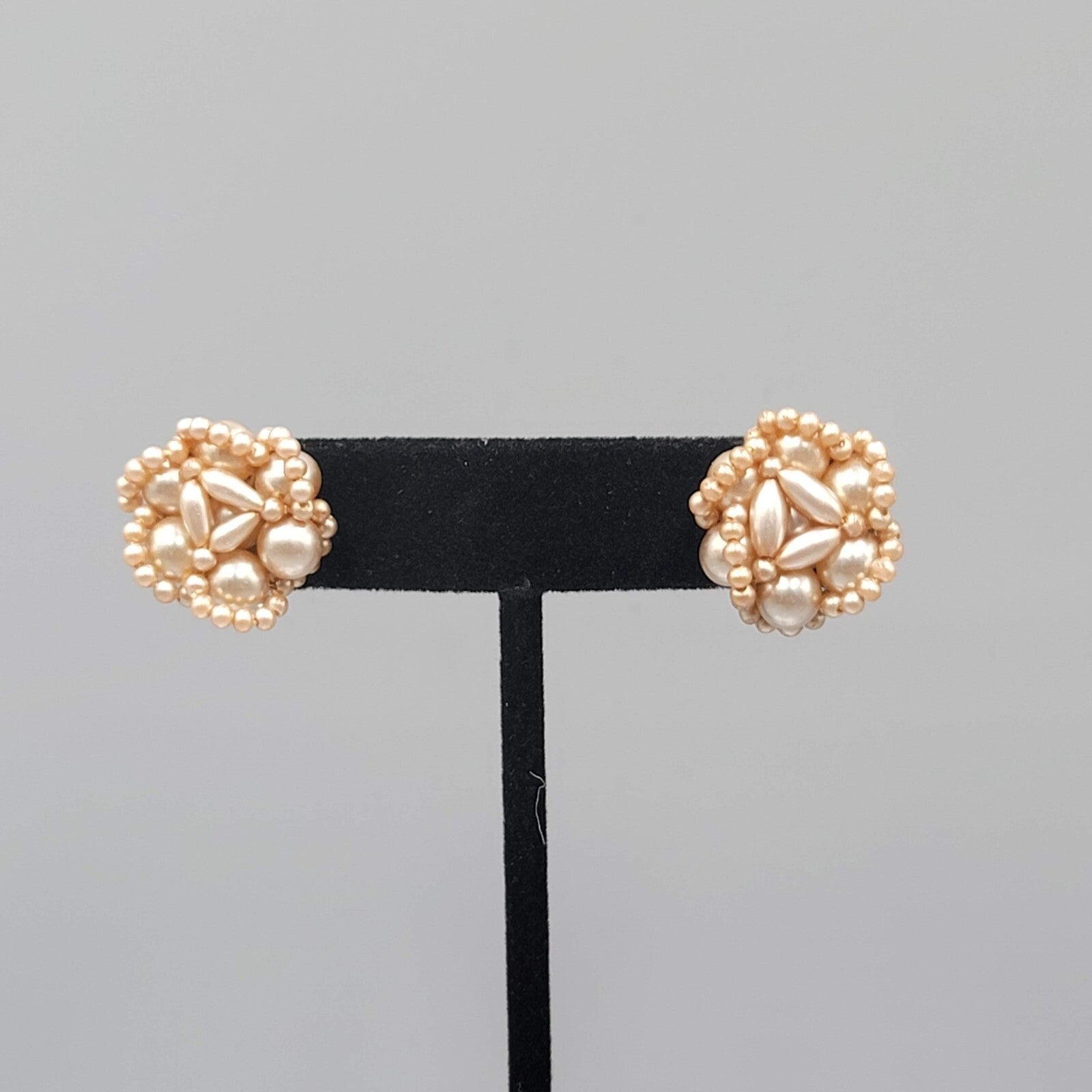 Vintage Clip on Earrings Champagne Color Beads Knot Cluster Design Stud 3/4"