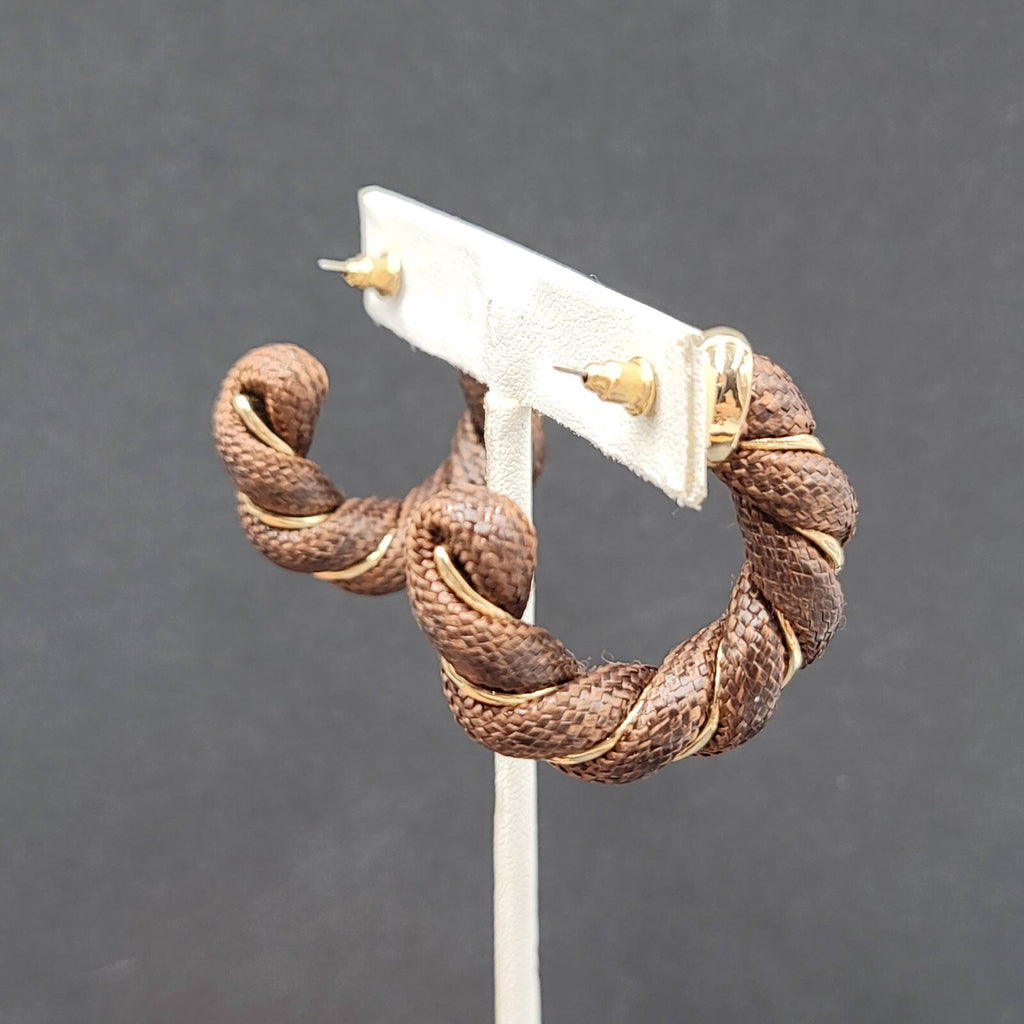 Pierced Earrings Gold tone Brown Fabric Wrapped Drop Hoops 1.5"