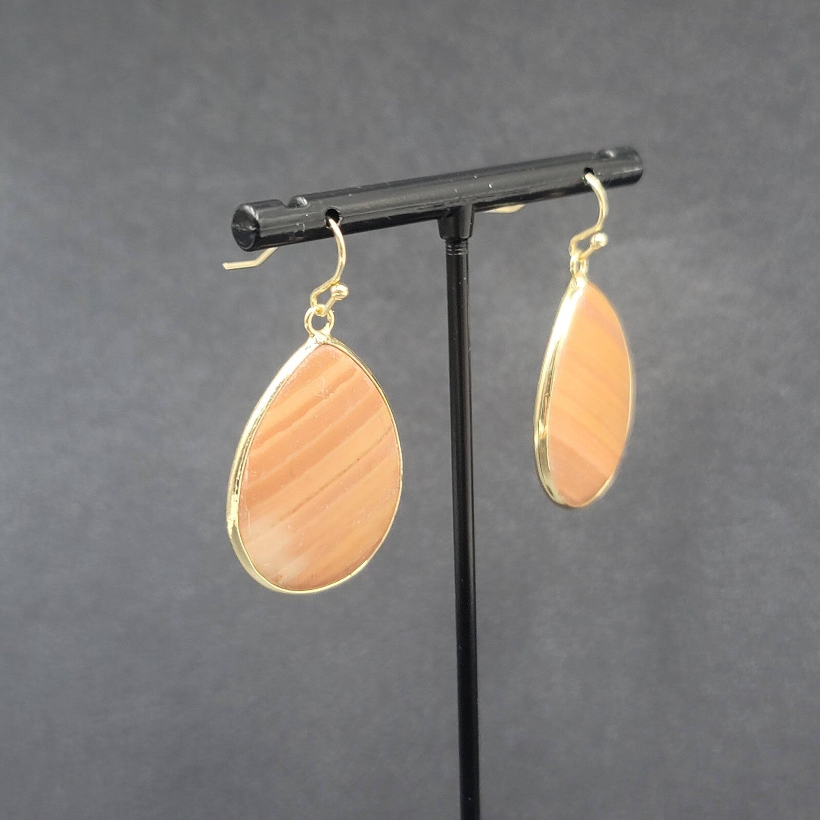 Pierced Earrings Gold tone Orange Stone Teardrop Dangle 1 3/8"