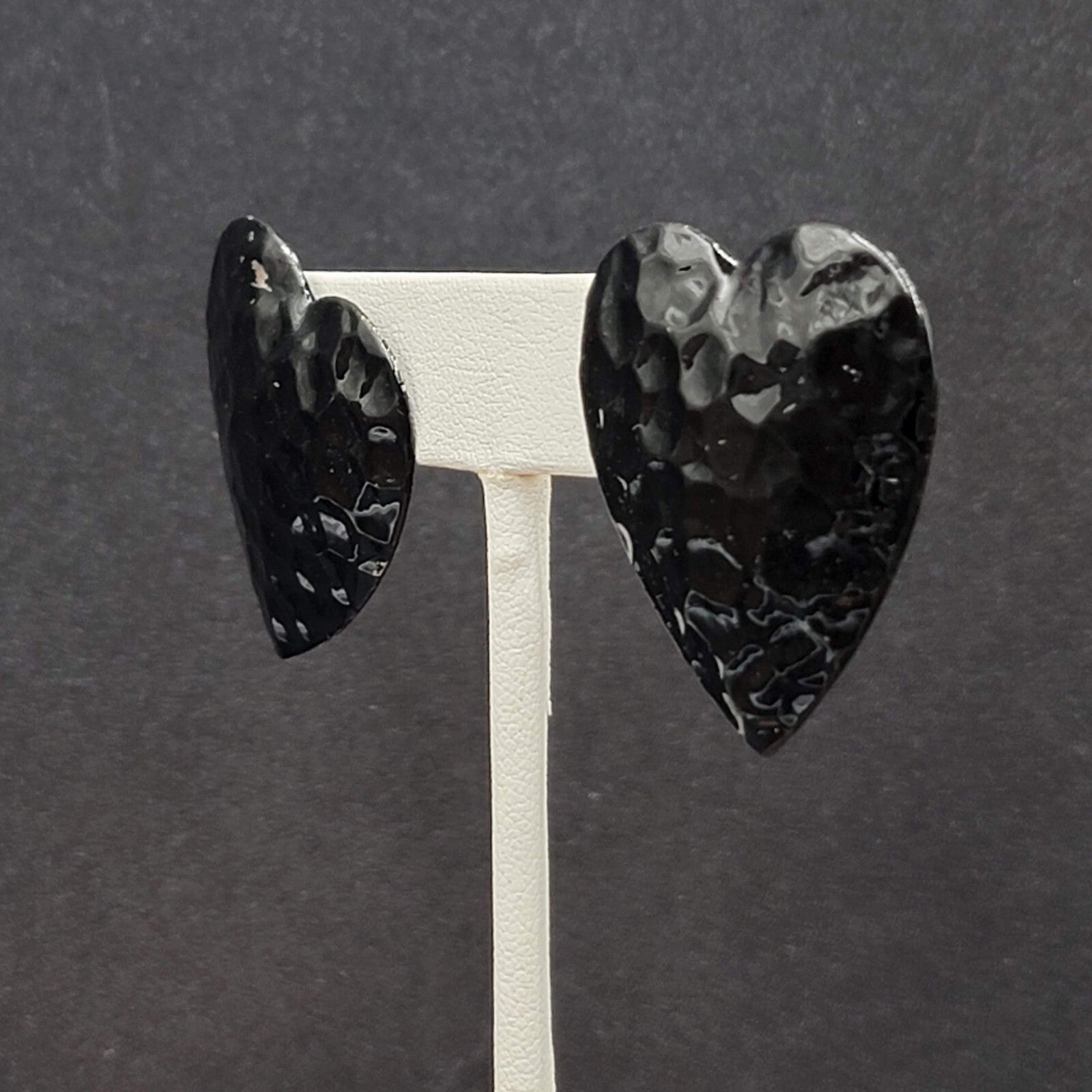 Vintage Heart Pierced Earrings Black Enamel Hammered Metal 1 3/8"