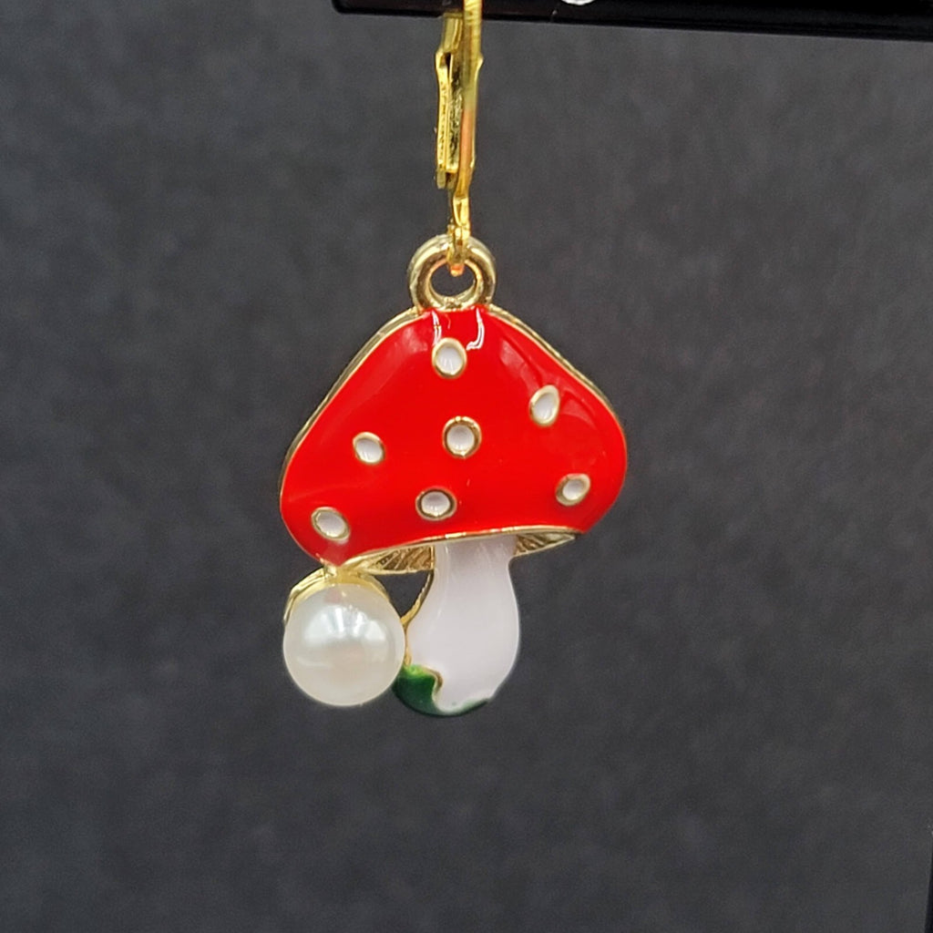 Mushroom Pierced Earrings Faux Pearl Enamel Red White Polka Dot Dangle 3/4"