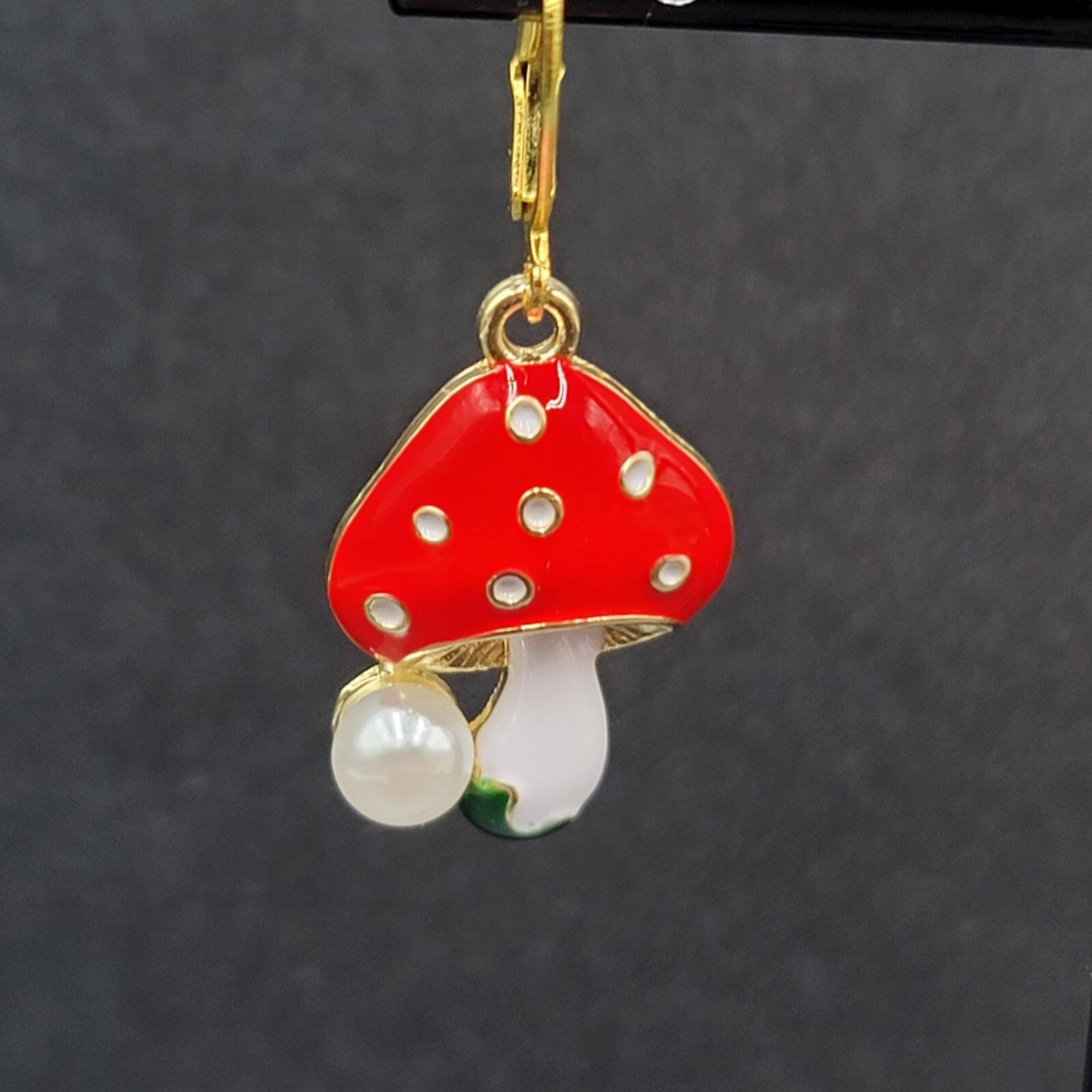 Mushroom Pierced Earrings Faux Pearl Enamel Red White Polka Dot Dangle 3/4"