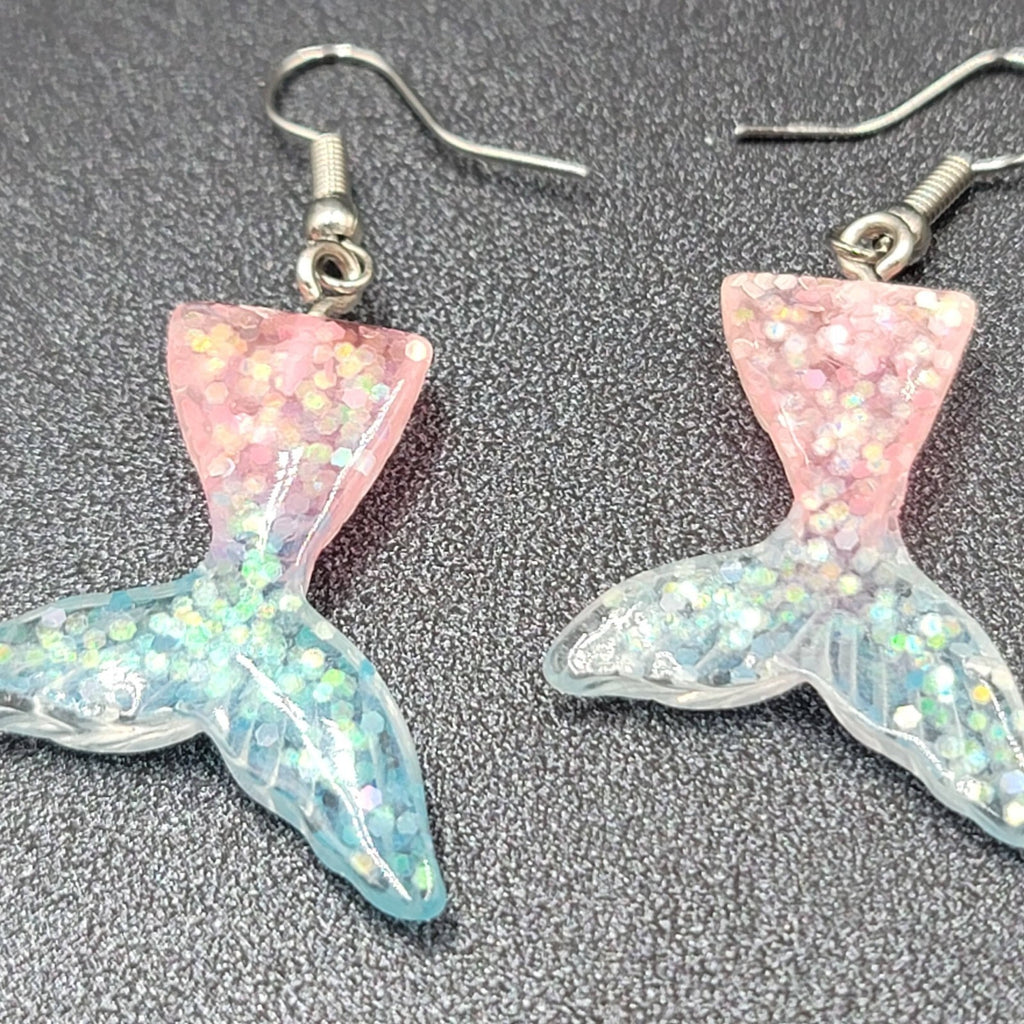 Mermaid Tail Pierced Earrings Pink Blue Glitter Resin Dangle 1.25"