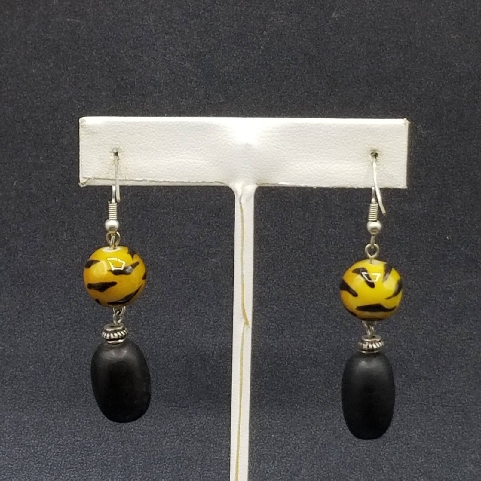 Pierced Earrings Glass Wood Bead Boho Dangle 1 1/2"