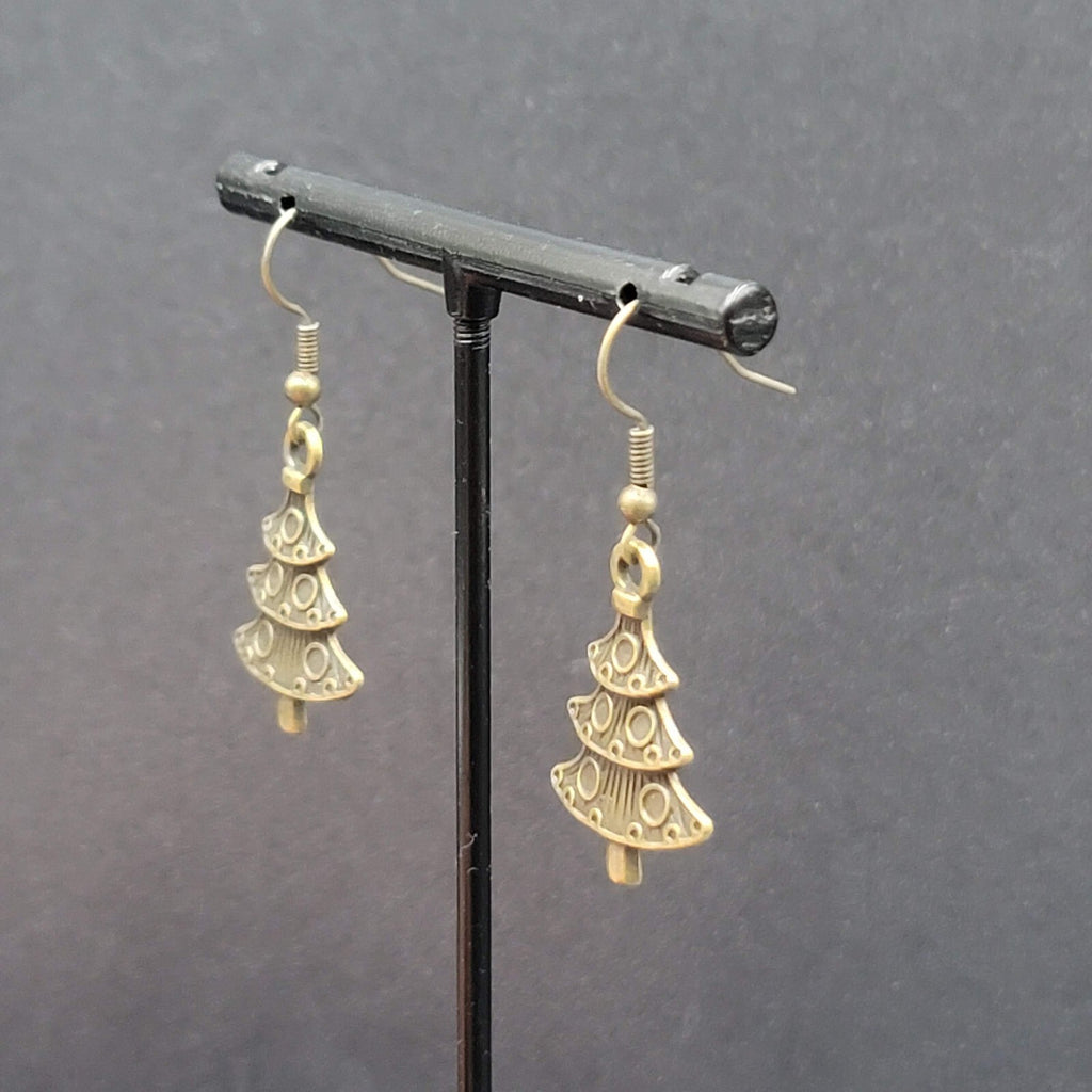 New Christmas Tree Pierced Earrings Embossed Bronze tone Dangle 1"