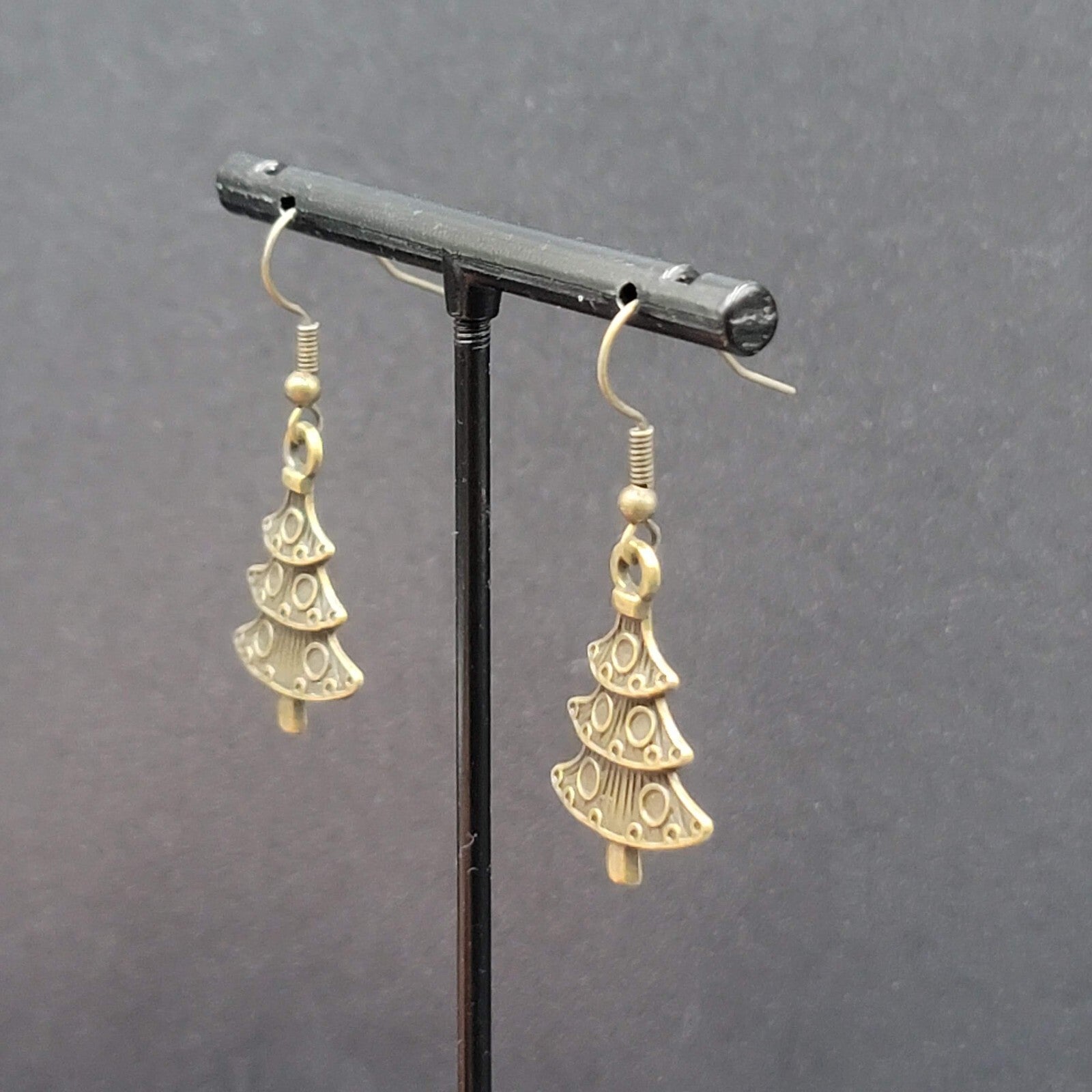 New Christmas Tree Pierced Earrings Embossed Bronze tone Dangle 1"