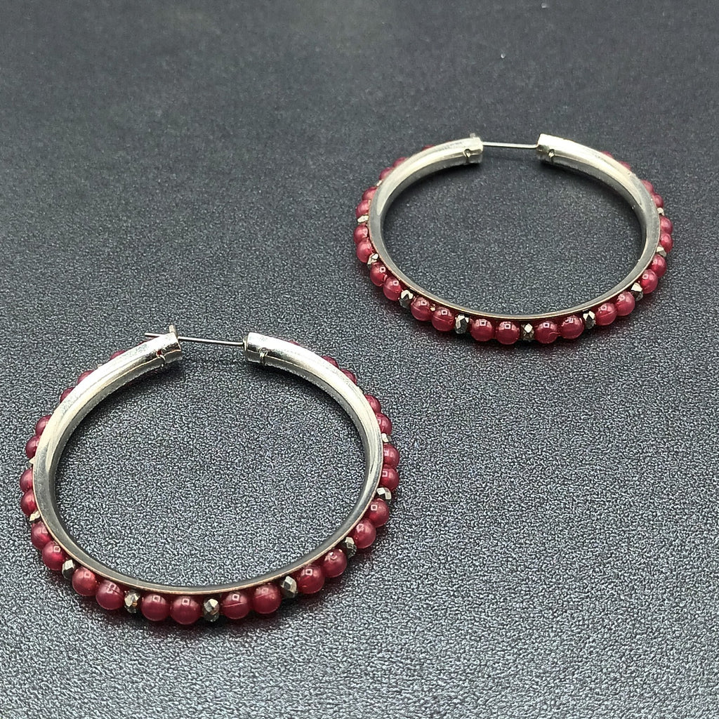 Pierced Earrings Silver tone Red Bead Statement Snap Hoops 2"