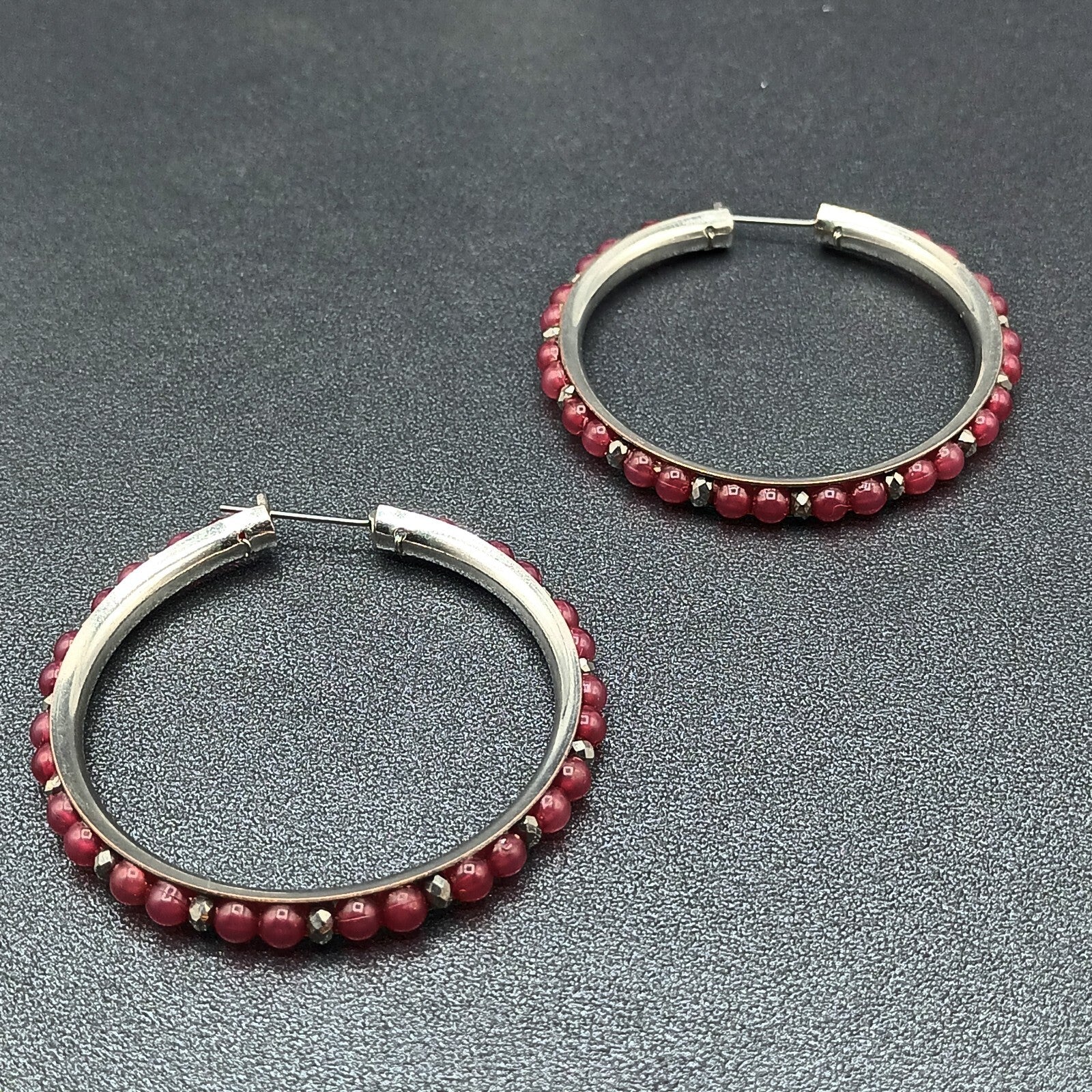 Pierced Earrings Silver tone Red Bead Statement Snap Hoops 2"