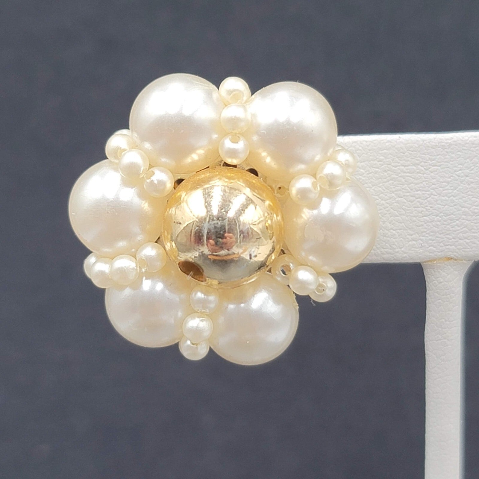 Vintage Clip on Earrings Gold tone Faux Pearl Cluster Flower 1 1/8" Lightweight