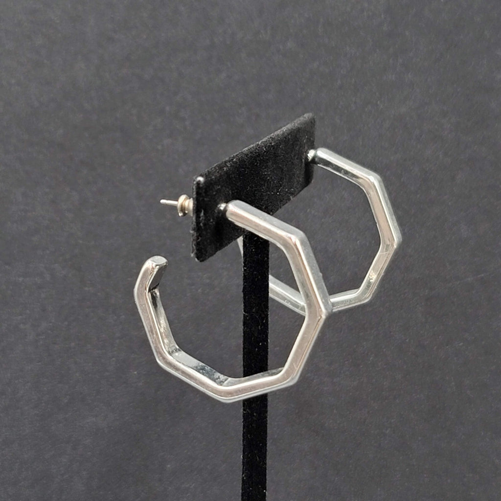 Pierced Earrings Hexagon Silver tone Hoops 1 1/8"
