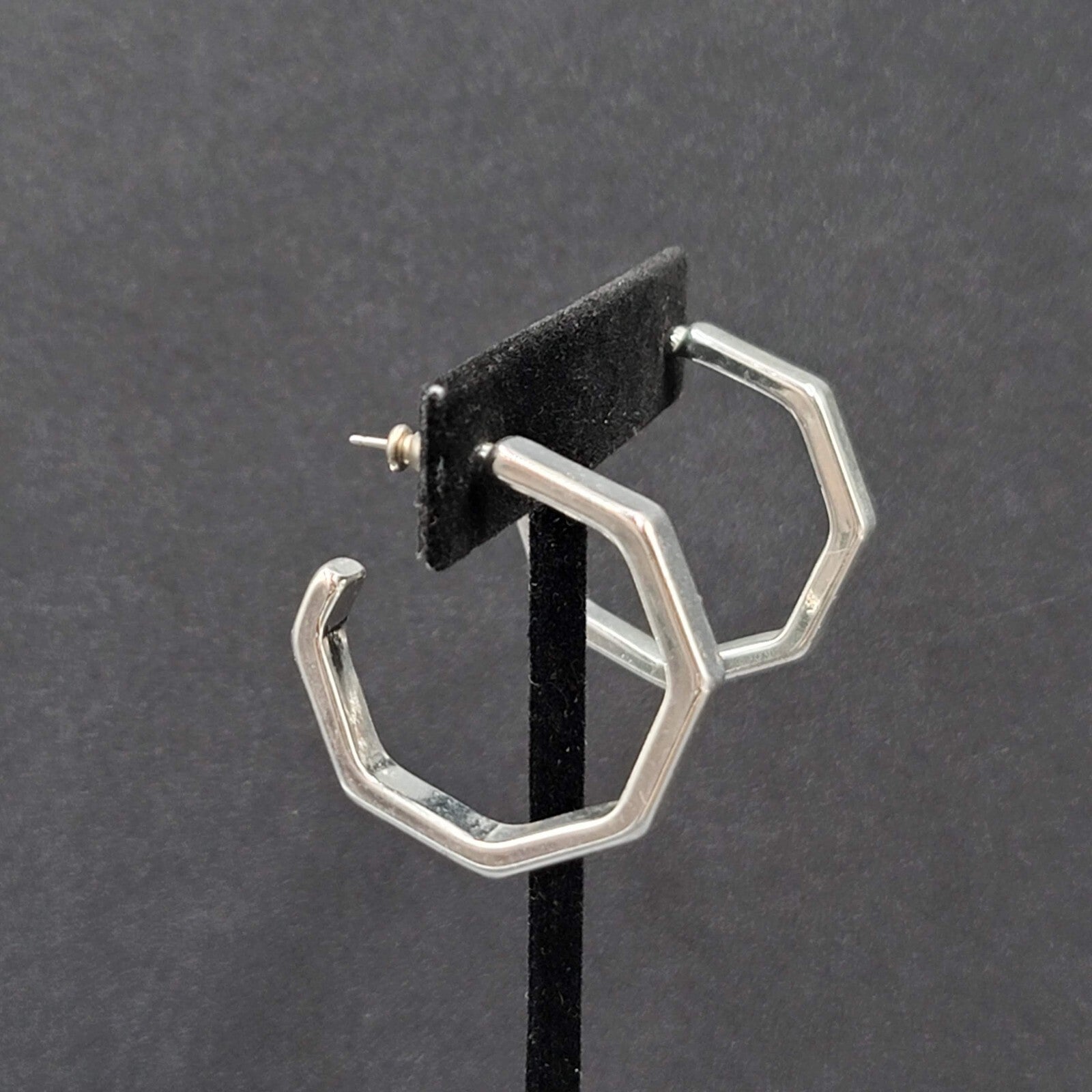Pierced Earrings Hexagon Silver tone Hoops 1 1/8"