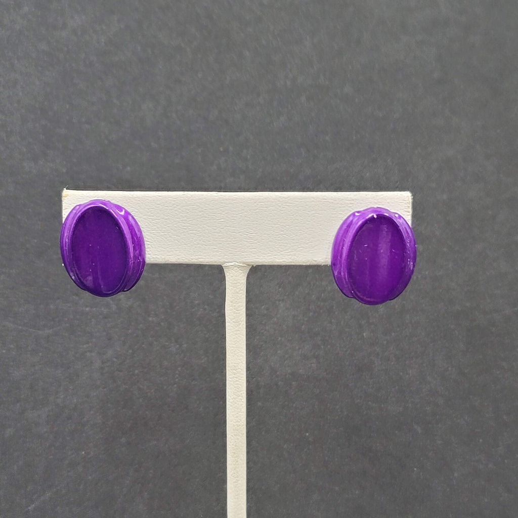 Vintage Pierced Earrings Dark Purple Enamel over Metal Oval Studs 3/4"