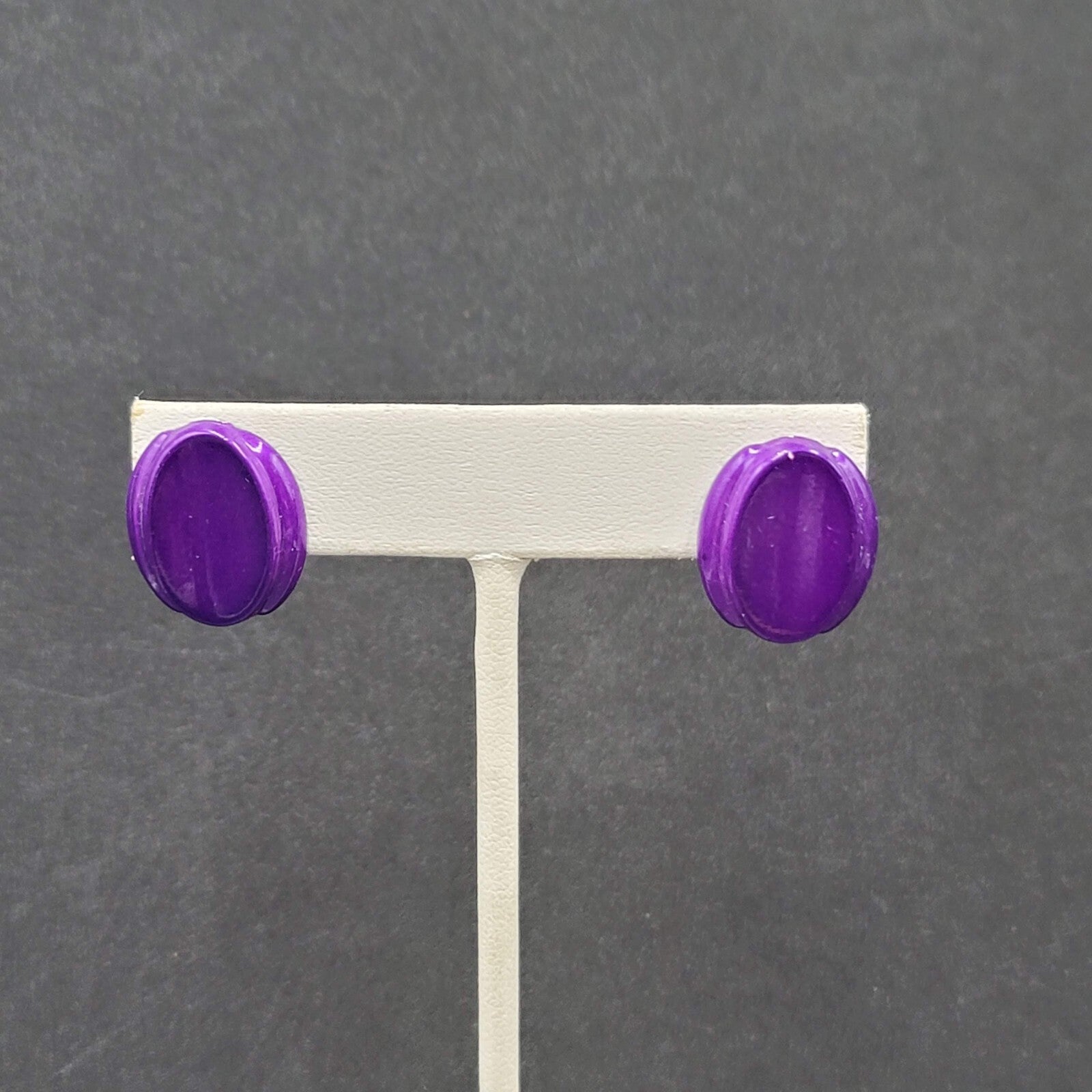 Vintage Pierced Earrings Dark Purple Enamel over Metal Oval Studs 3/4"