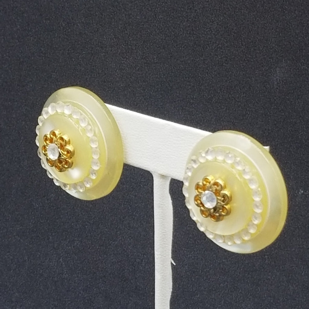 Clip on Earrings Gold tone Crystal Dome Acrylic Button Style Drop Stud 1 3/8" B
