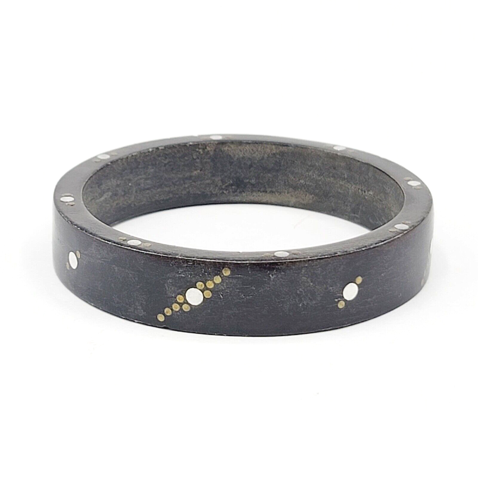 Wood Bangle Bracelet Inlay Brass and Nickel Boho Ethnic Unique 8 in