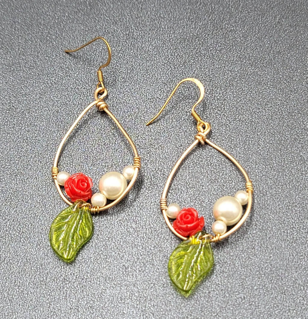Pierced Earrings Gold tone Rose Leaf White Beads Dangle 2"