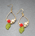 Pierced Earrings Gold tone Rose Leaf White Beads Dangle 2"