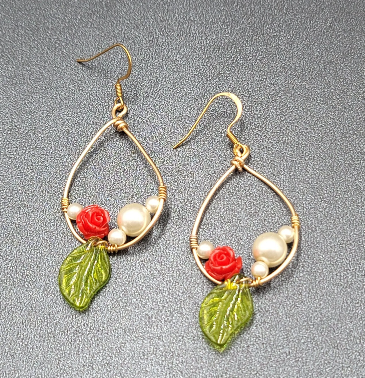 Pierced Earrings Gold tone Rose Leaf White Beads Dangle 2"
