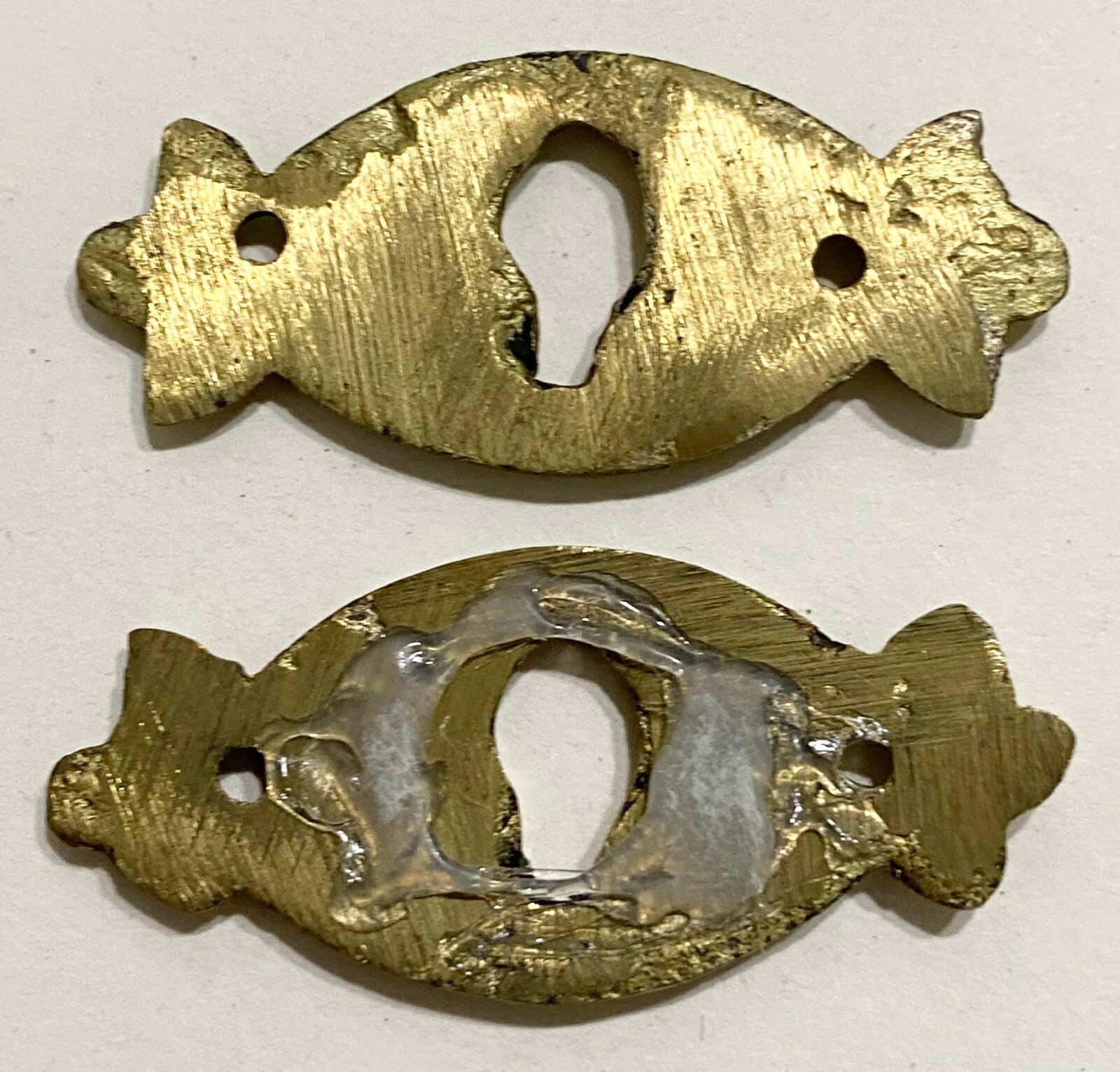 PAIR (2) Vintage Brass Skeleton Key hole Escutcheon 2" x 7/8"