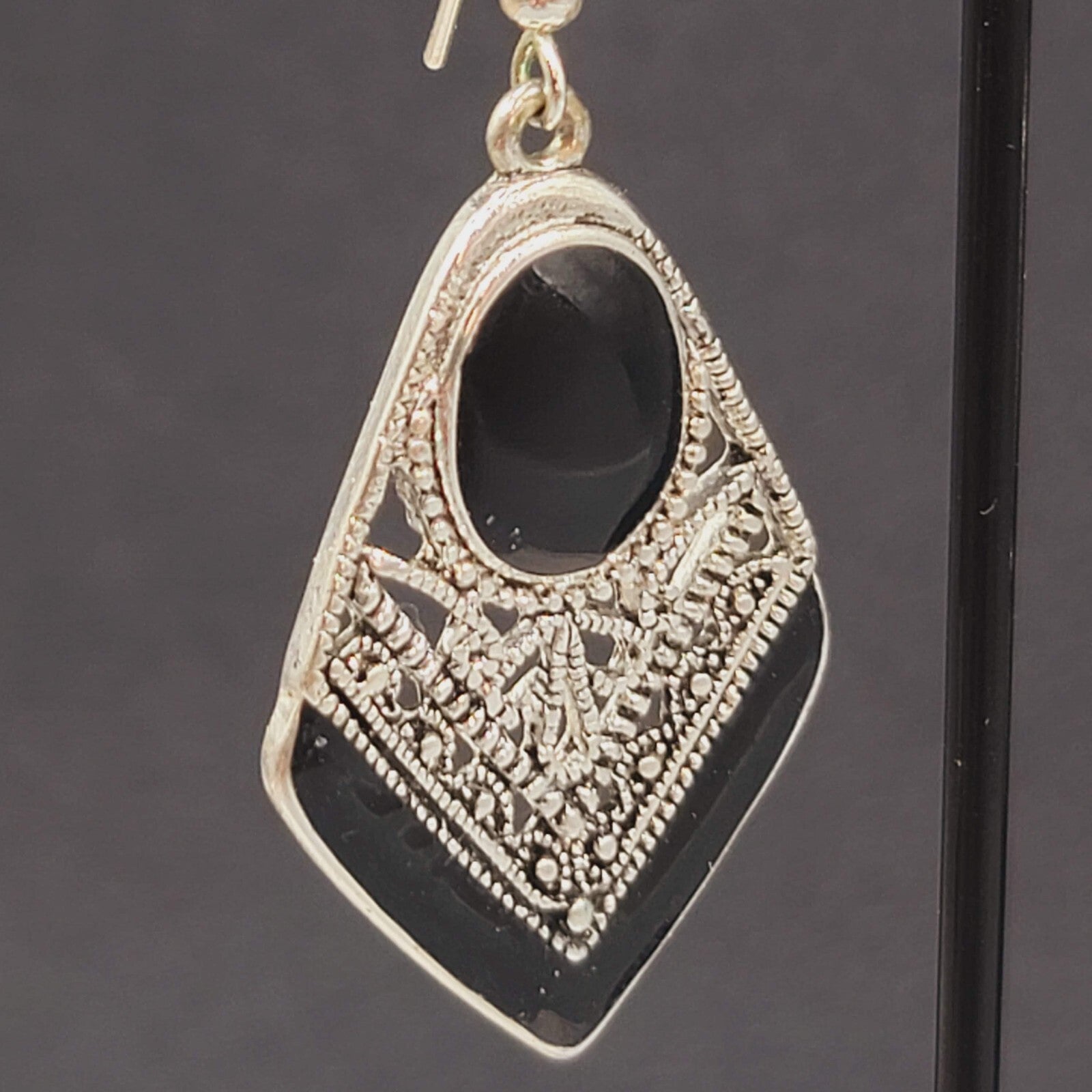 Pierced Earrings Silver tone Dangle Black Enamel Filigree 1.5"