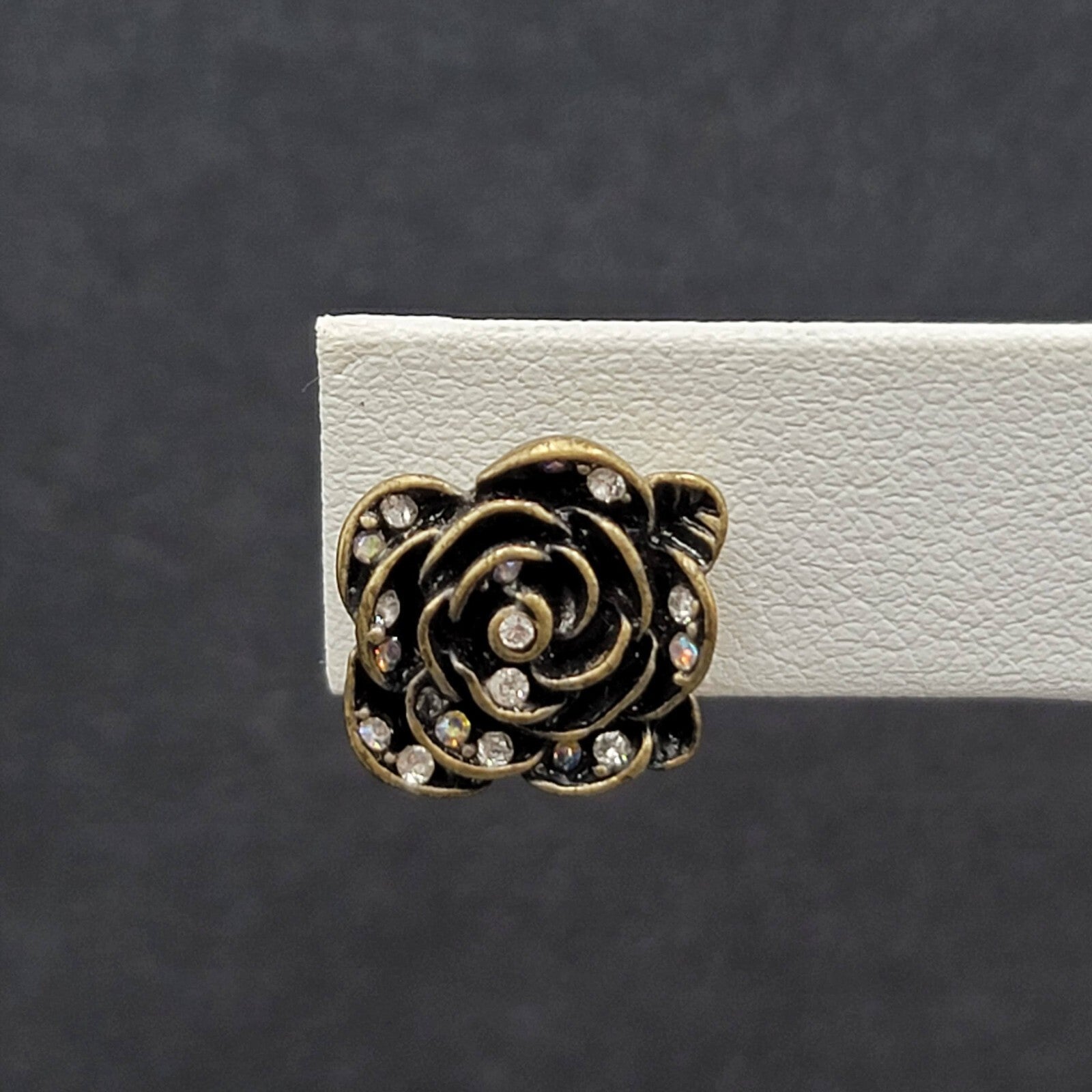 Pierced Earrings Antiqued Gold tone AB Crystal Flower Rose Studs 1/2"