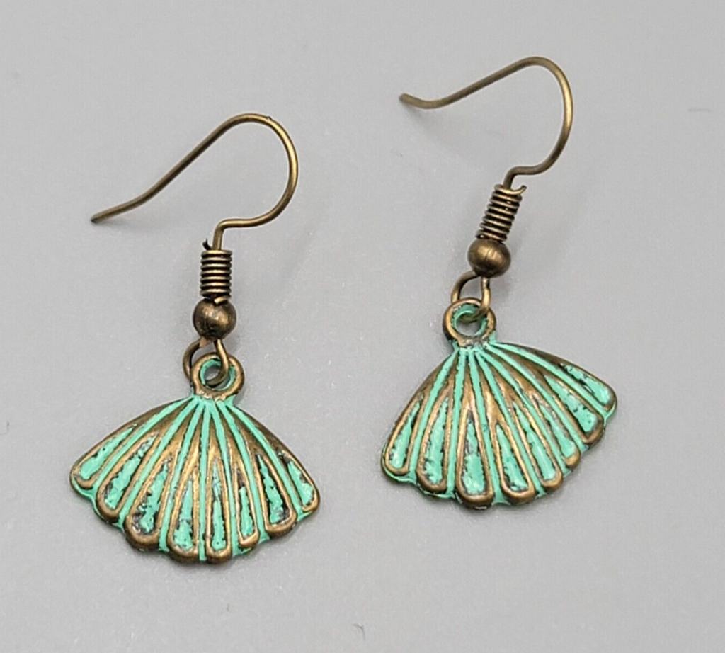 Shell Beach Sealife Pierced Earrings Bronze tone Green wash Dangle Embossed 5/8"