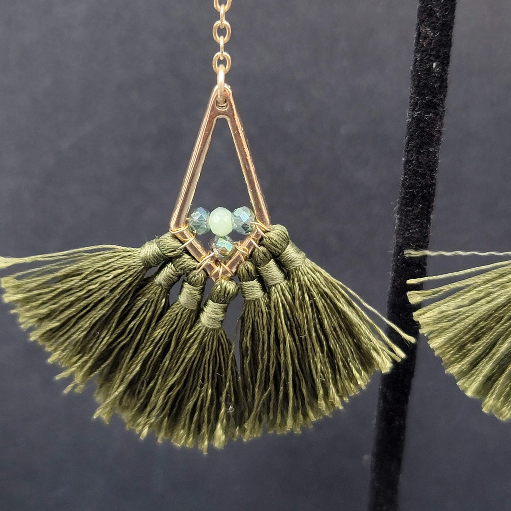 Pierced Earrings Gold tone Green Rhinestone Tassel Dangle 3"