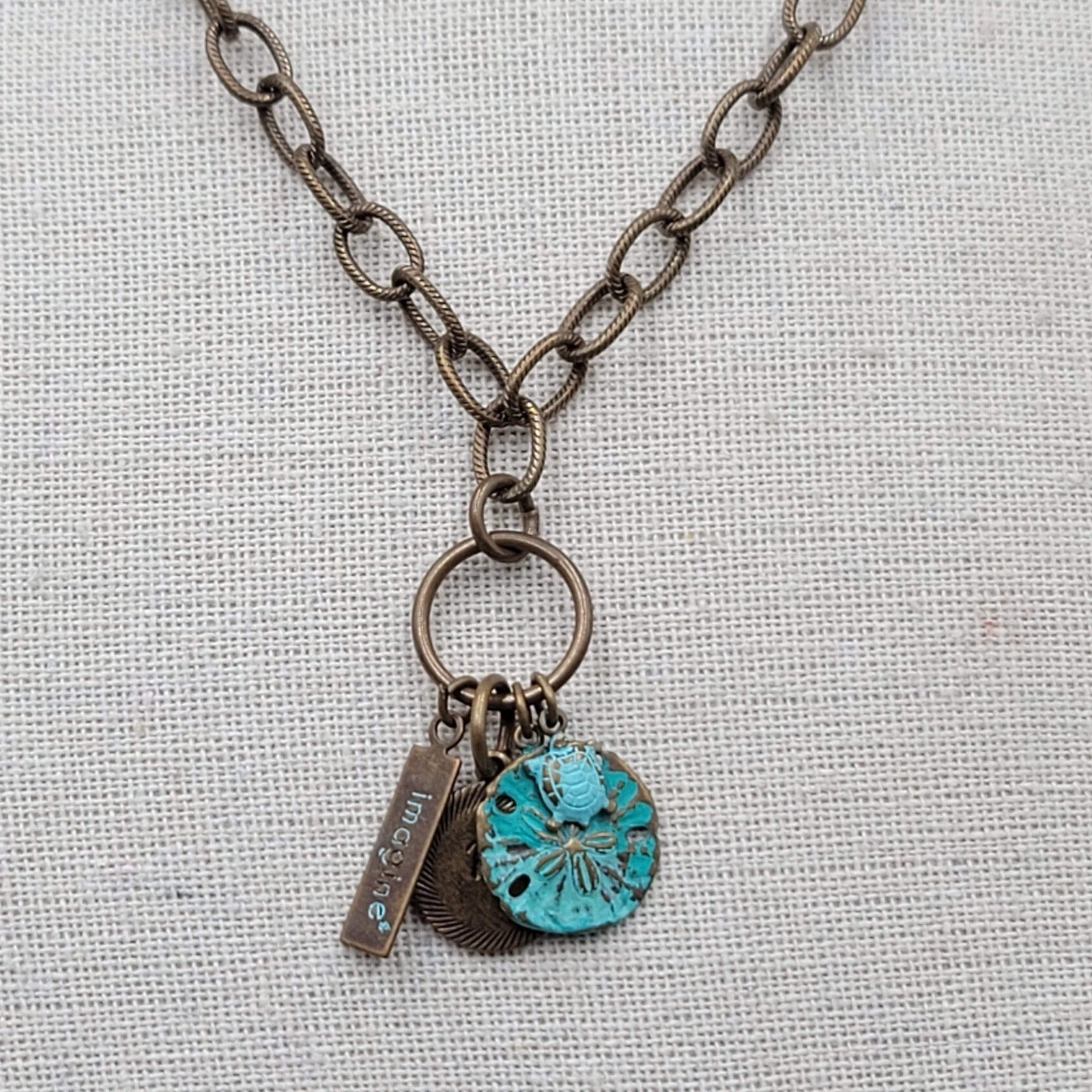 Vintage Bronze Chain Necklace Sea Turtle Sand Dollar Charms Imagine 18"