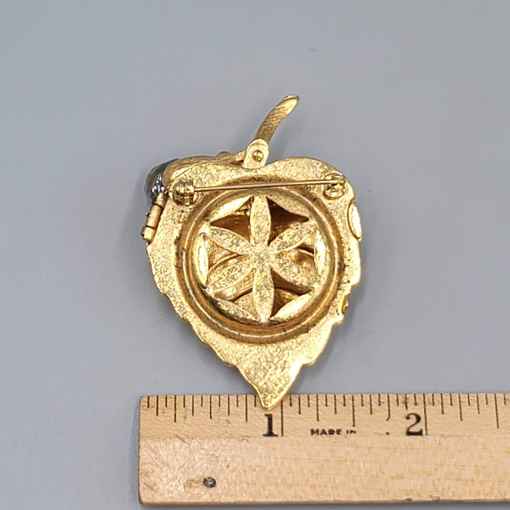 Vintage Signed Avon Gold Tone AB Faceted Teardrop Leaf Brooch Perfume Locket