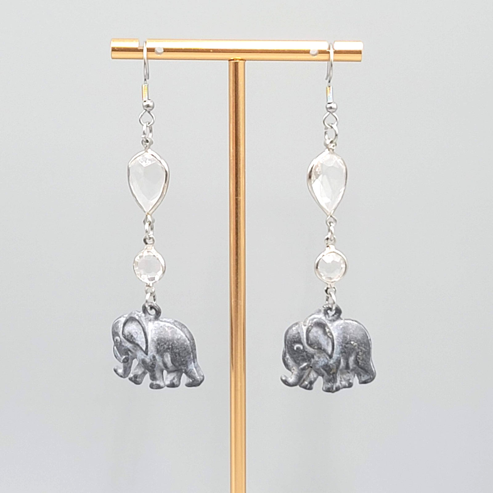 Pewter Elephant Pierced Earrings Silver tone Dangle  2.5 in