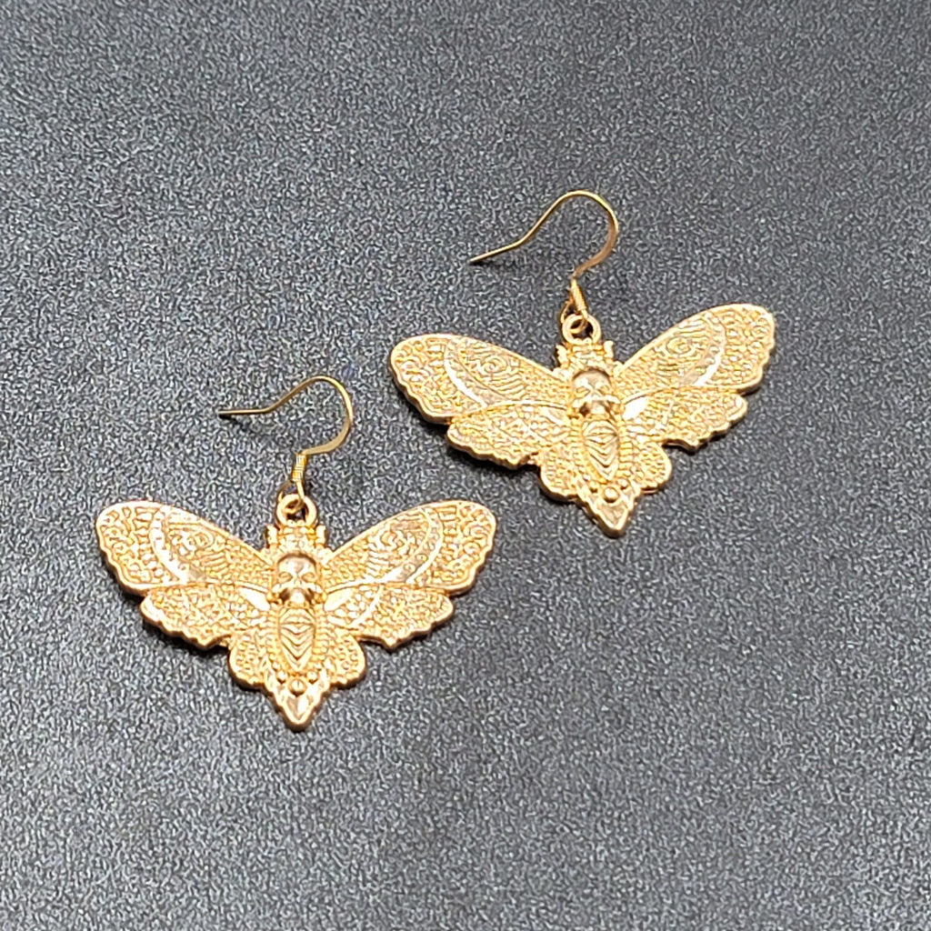 Death Head Moth Pierced Earrings Gold tone Dangle 1" x 1 5/8" 