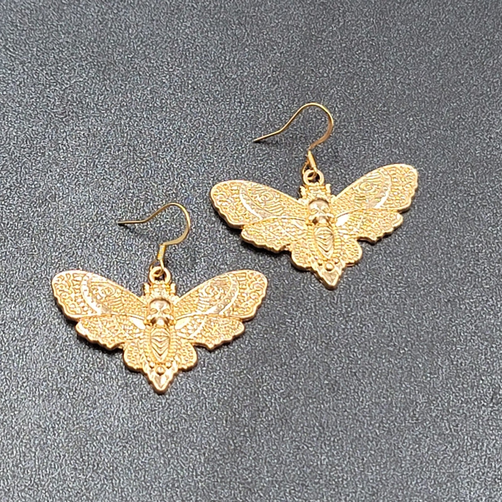 Death Head Moth Pierced Earrings Gold tone Dangle 1" x 1 5/8" 