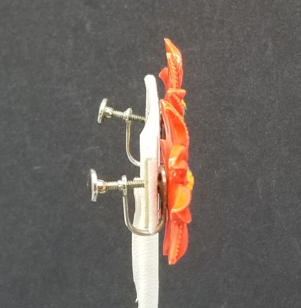 Vintage Clip On Red Acrylic Poinsettia Christmas Stud 1 1/8"