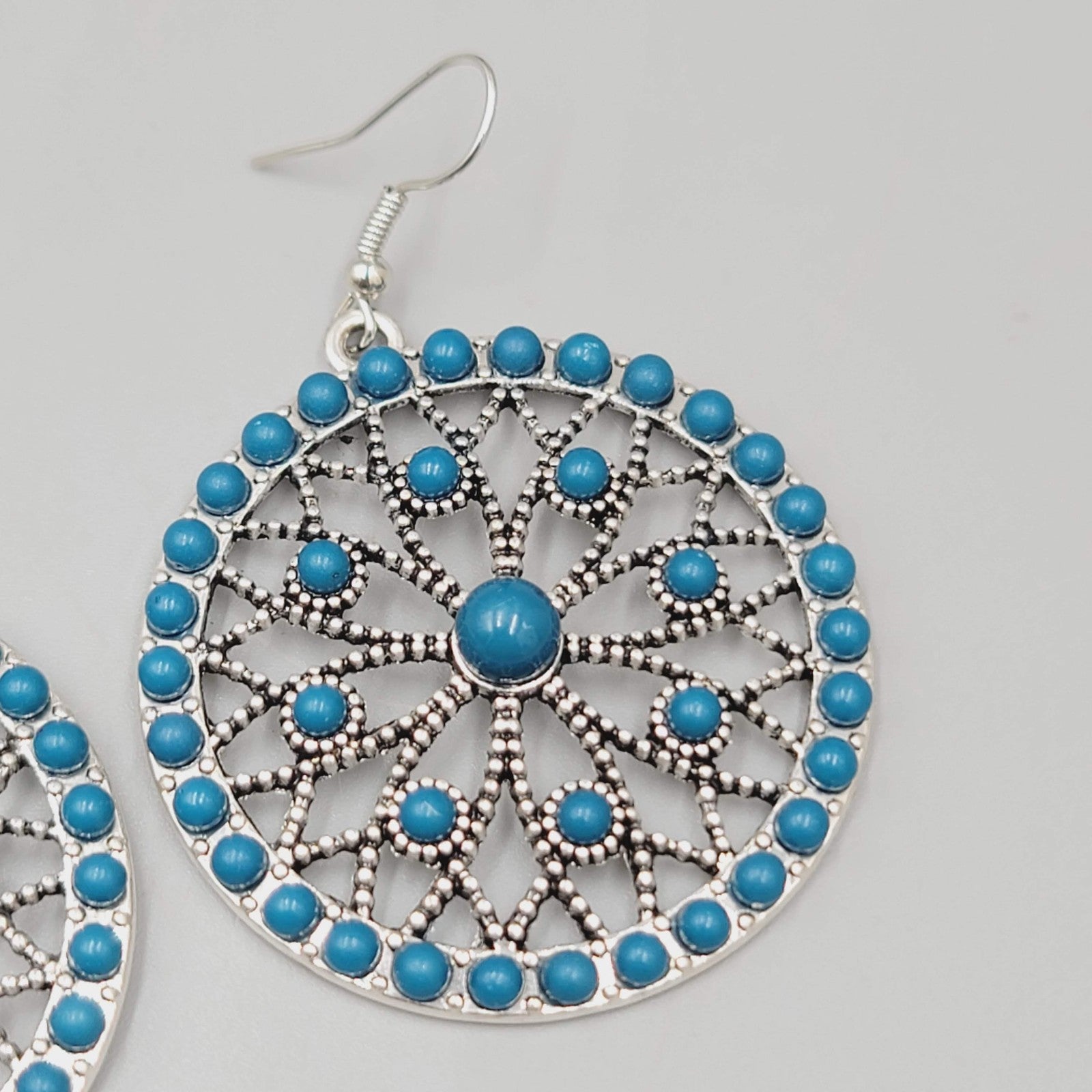 Round Blue Bead Dangle Pierced Earrings Silver Tone Statement 1.5"