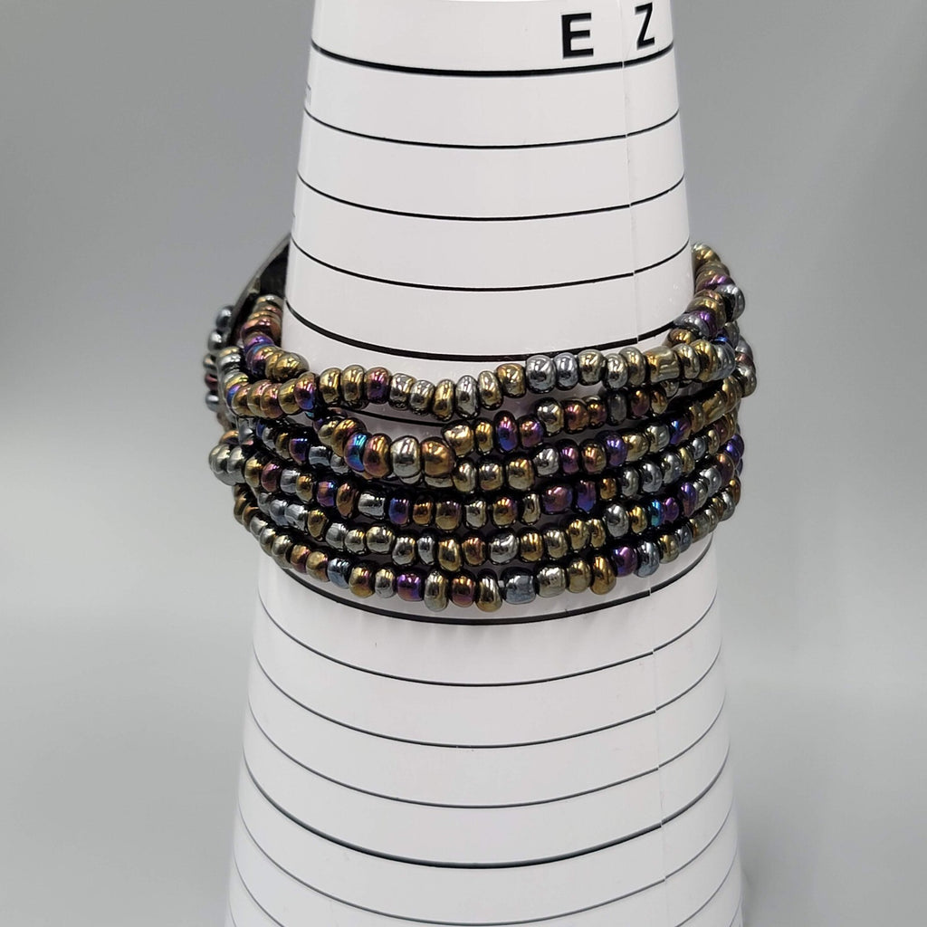 Multi Strand Glass Seed Bead Bracelet with Abalone Shell Ring Accent 6.75 in