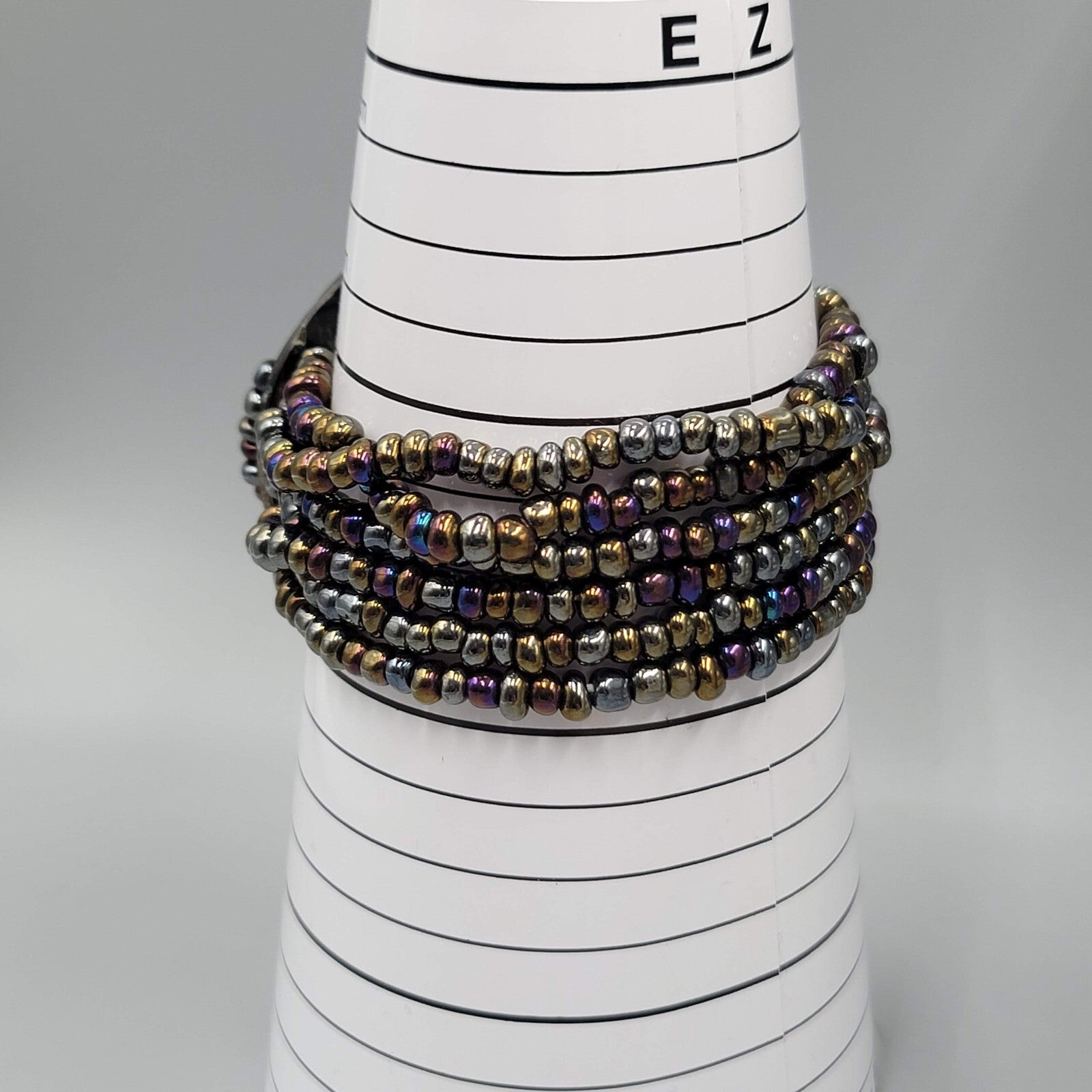 Multi Strand Glass Seed Bead Bracelet with Abalone Shell Ring Accent 6.75 in