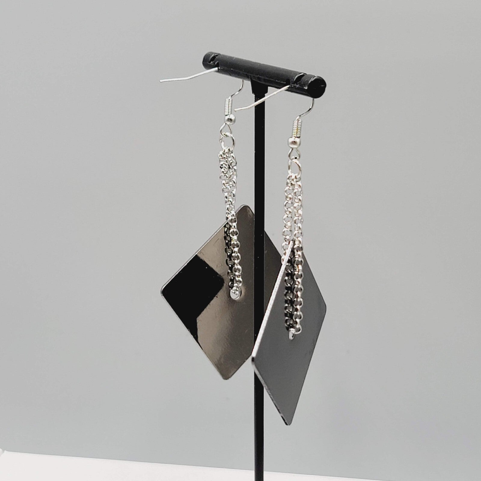Pierced Earrings Silver tone Chain Black Metal Square Dangle Unique 2.5"