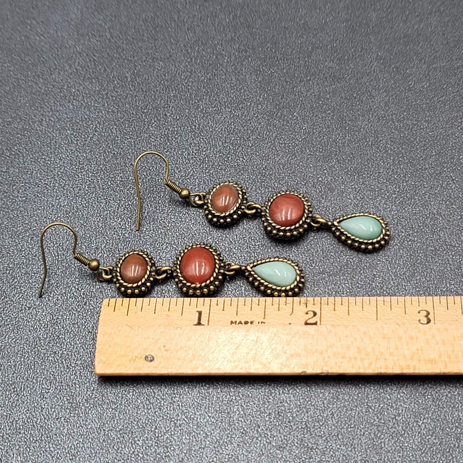 Pierced Earrings Bronze tone Dark Red Light Blue Dangle 2"
