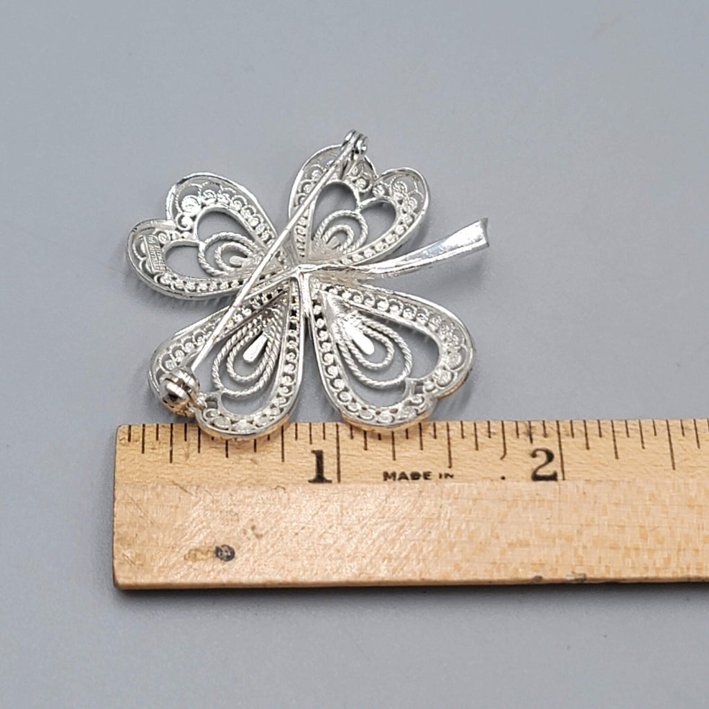 Vintage Sterling Silver Shamrock Filigree Brooch Germany 1 5/8"