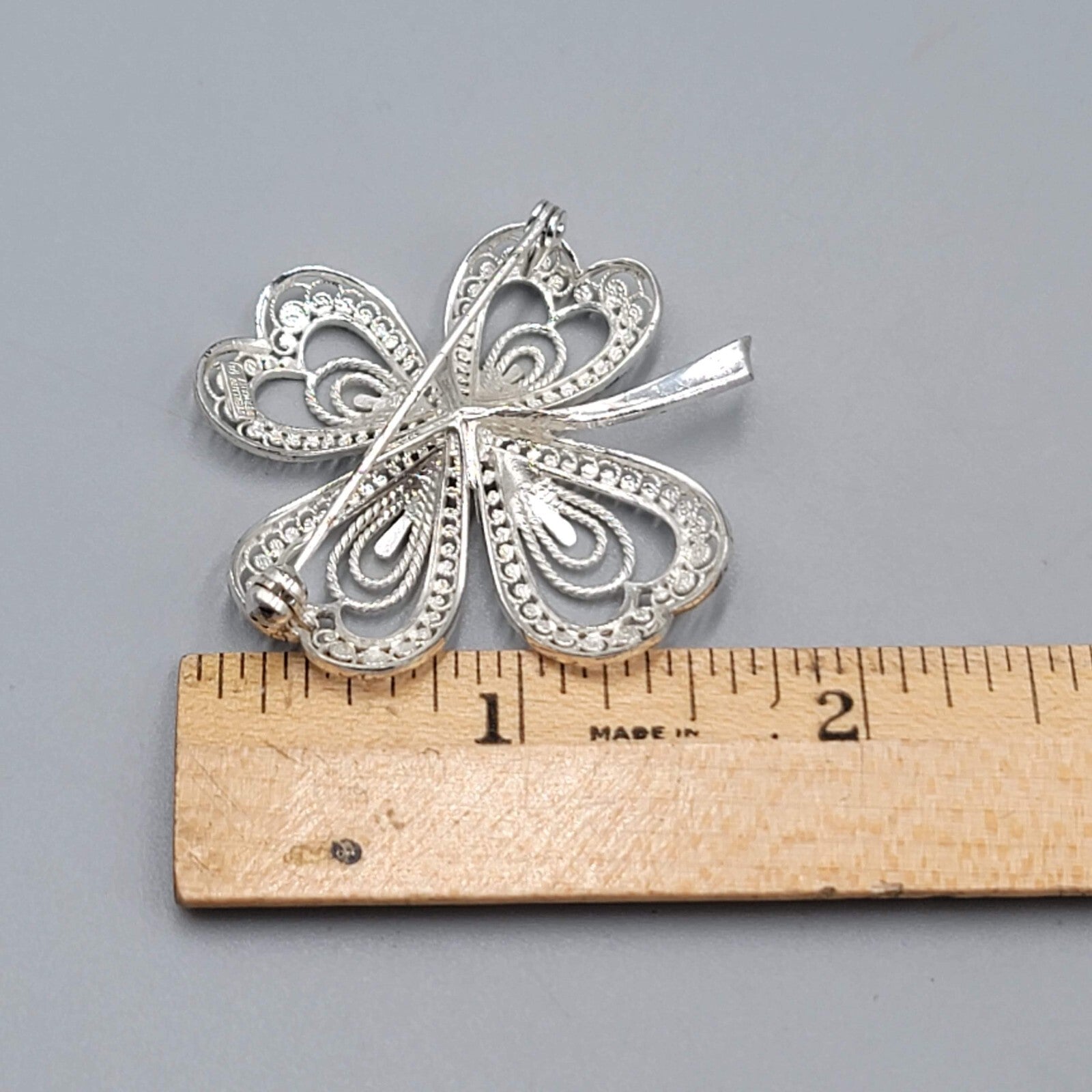 Vintage Sterling Silver Shamrock Filigree Brooch Germany 1 5/8"