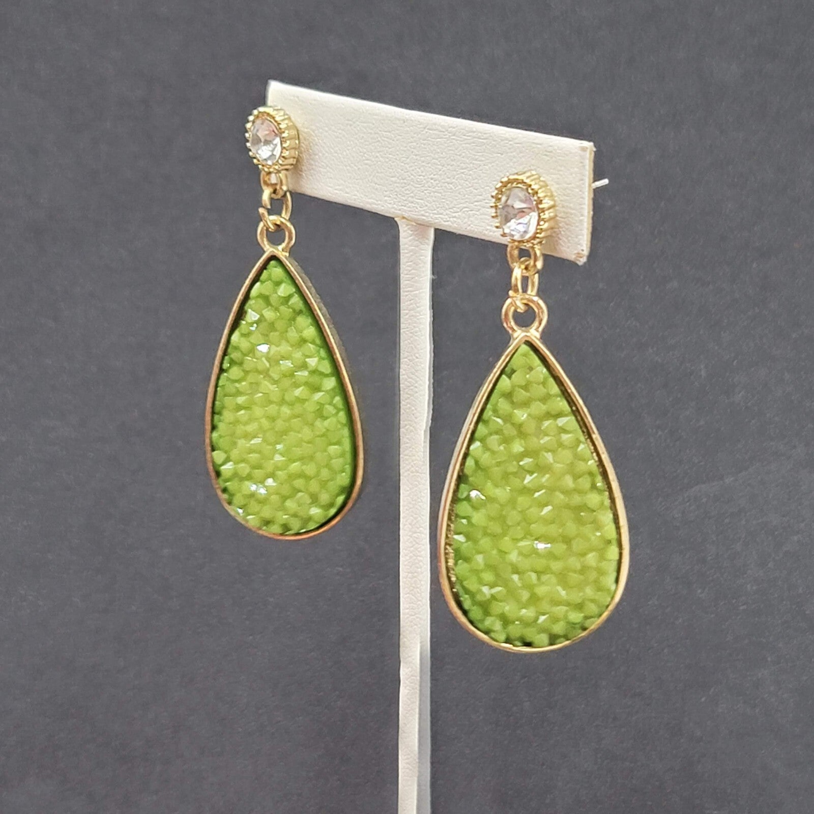 Pierced Earrings Gold tone Green Druzy Style Statement Dangle 2.25"