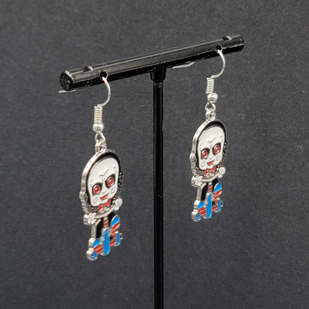 Jigsaw Pierced Earrings Enamel Silver tone SAW Horror Movie Dangle 1.25" FS