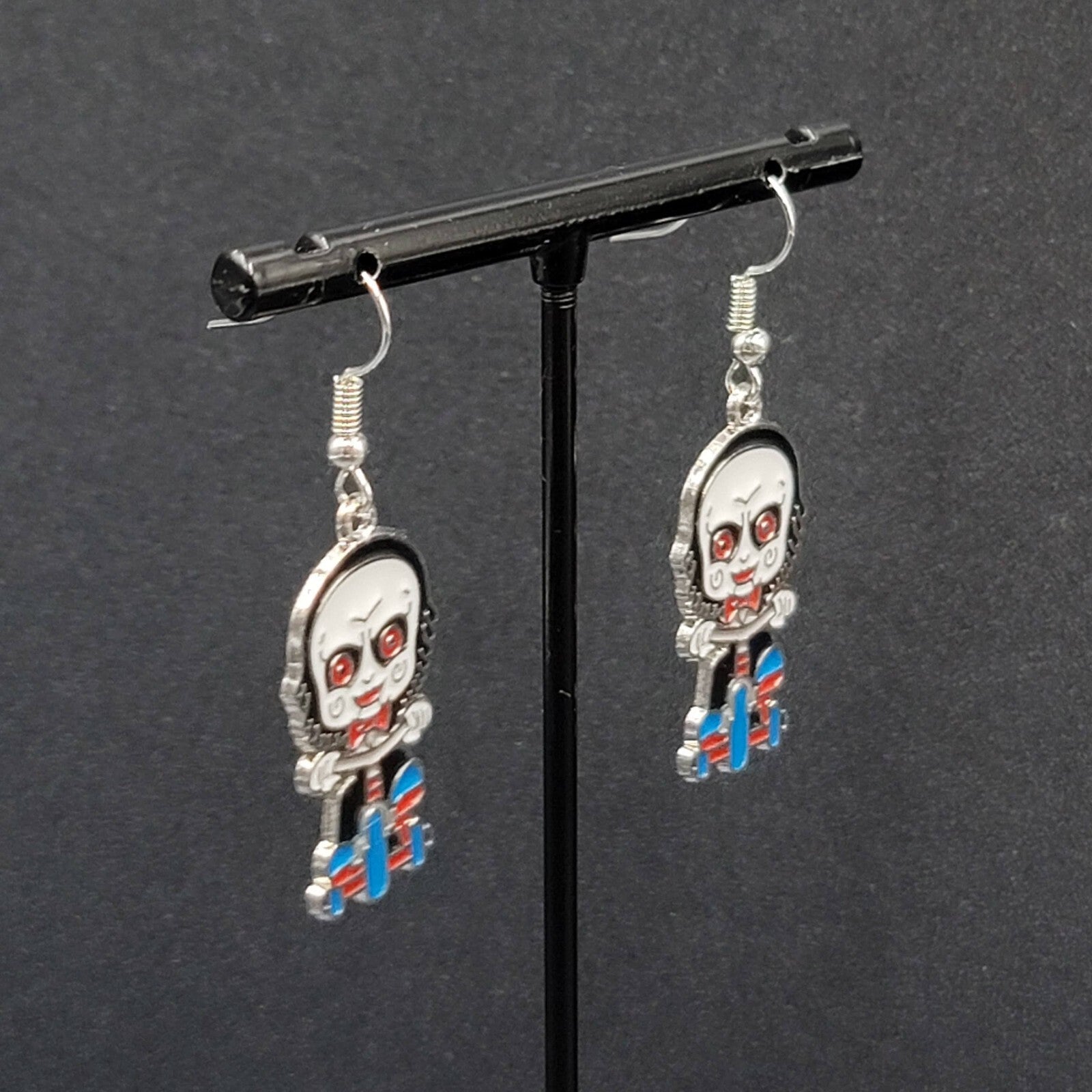 Jigsaw Pierced Earrings Enamel Silver tone SAW Horror Movie Dangle 1.25" FS