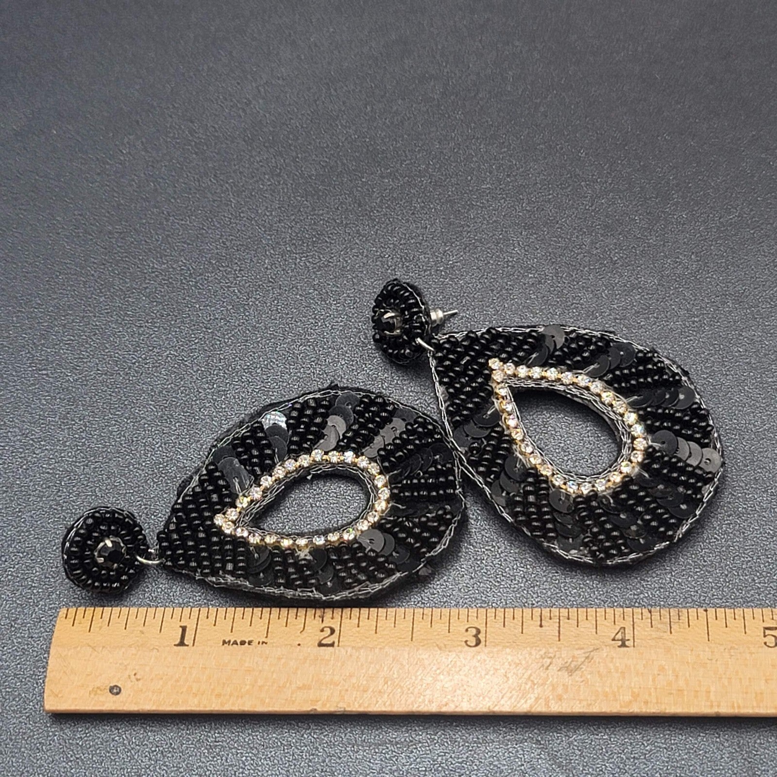 Pierced Earrings Black Felt Seed Beaded Rhinestone Runway Dangle 3"