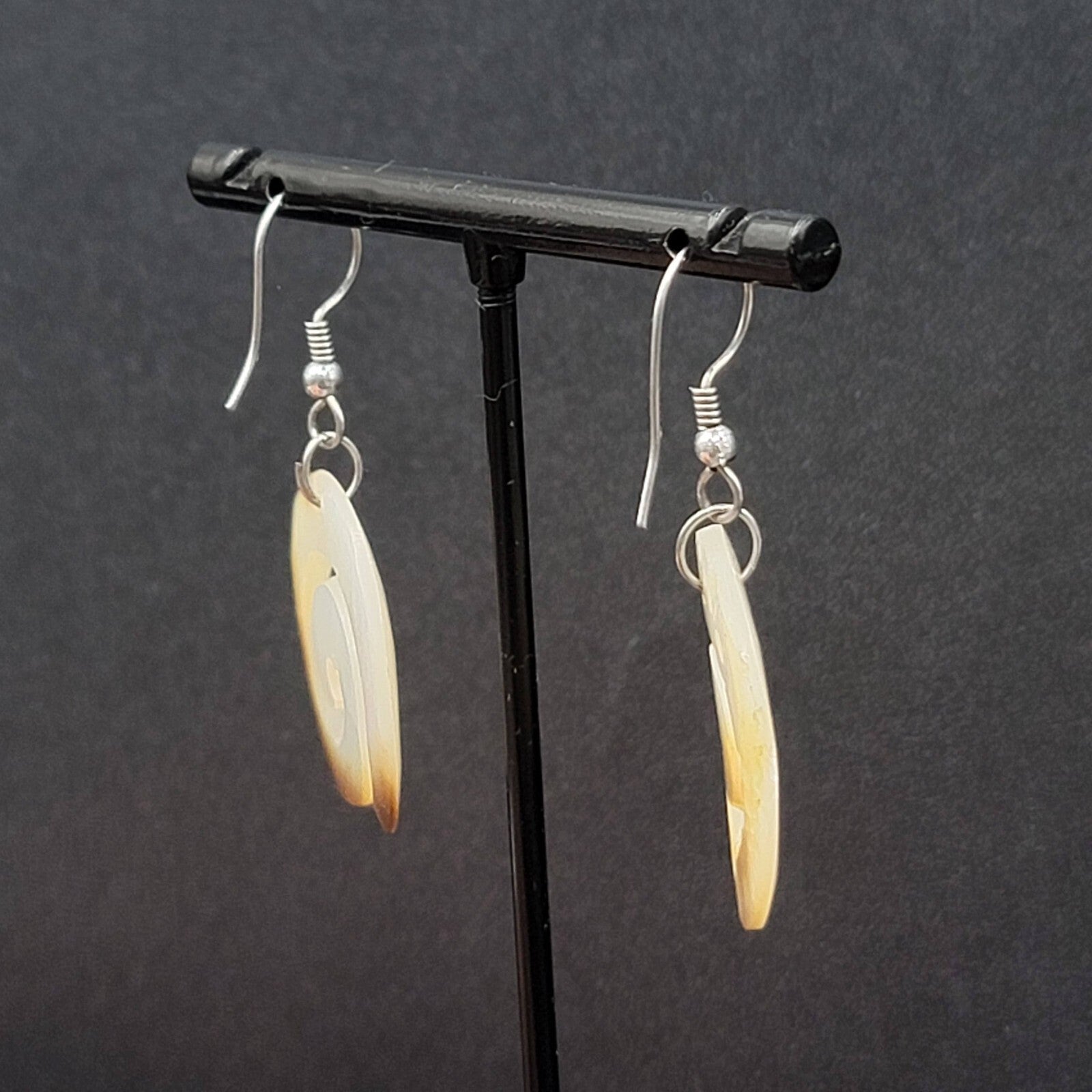 Pierced Earrings Silver tone Mother of Pearl Hand Carved Spirals  1.25"