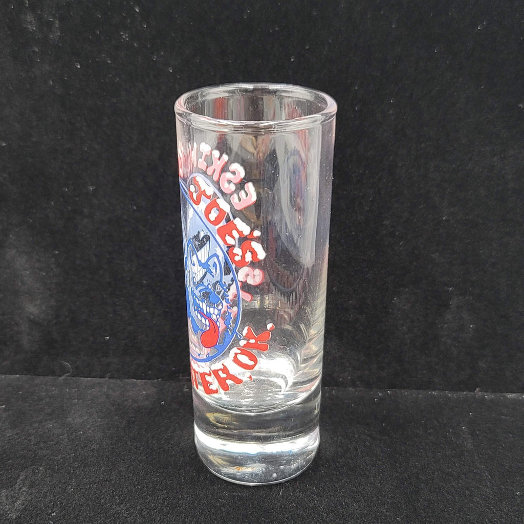 Vintage Eskimo Joes Stillwater OK 4 in  shooter shot glass- logo on clear