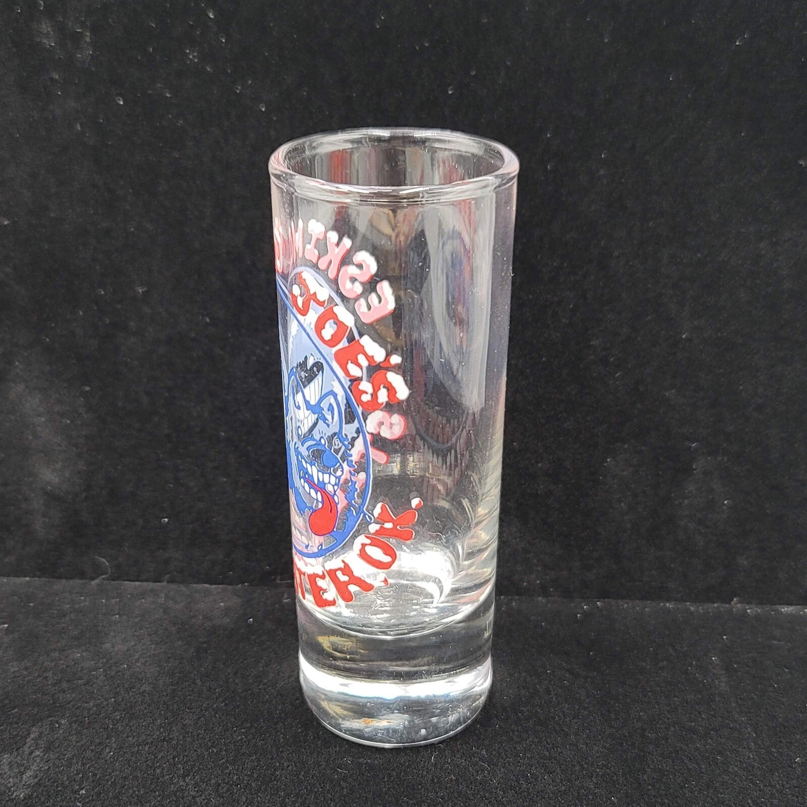 Vintage Eskimo Joes Stillwater OK 4 in  shooter shot glass- logo on clear