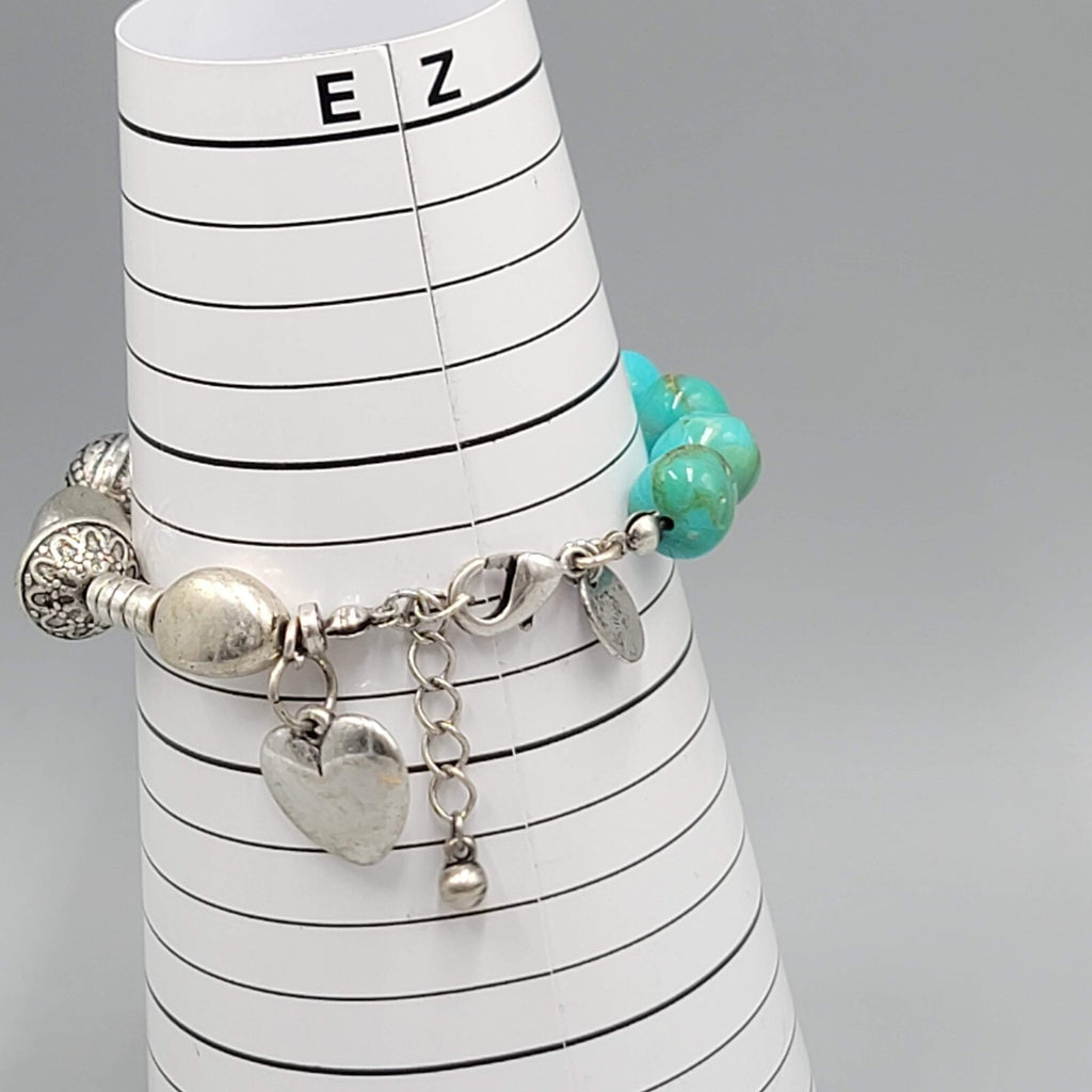 Louisa Bracelet Blue Pottery Bead Silver tone Feather Charm 6.75"-7.75"