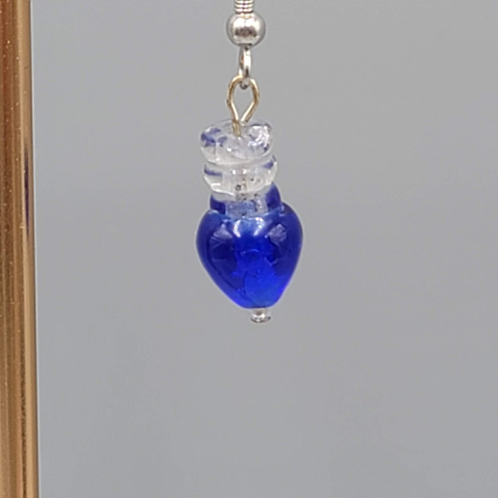 Blue Glass Bead Pierced Earrings Dangle Silver Tone