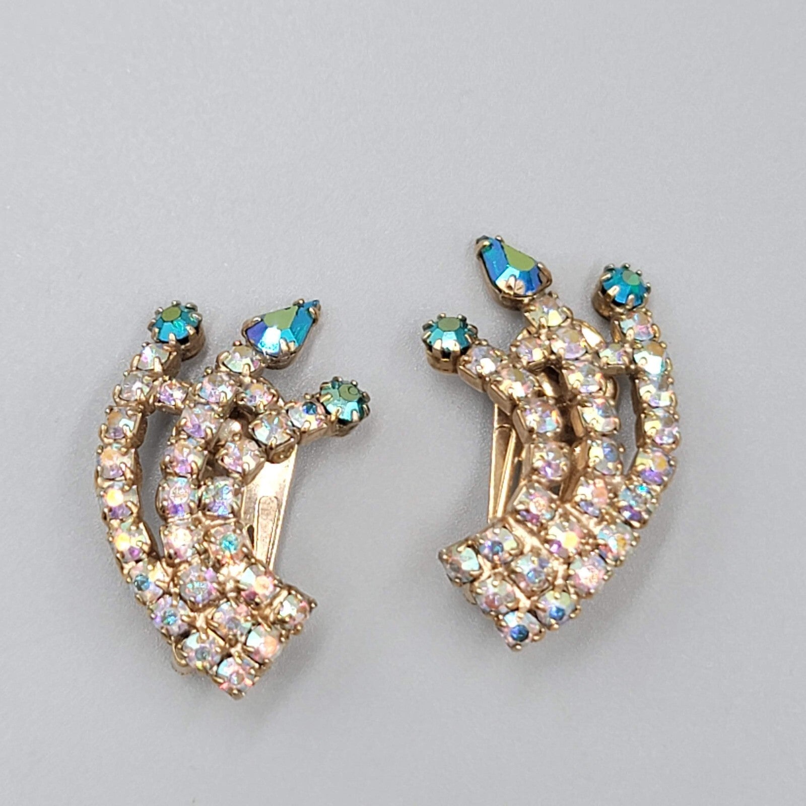 Vintage Clip on Earrings Multicolor AB Rhinestone Climber Spray 1 3/8"